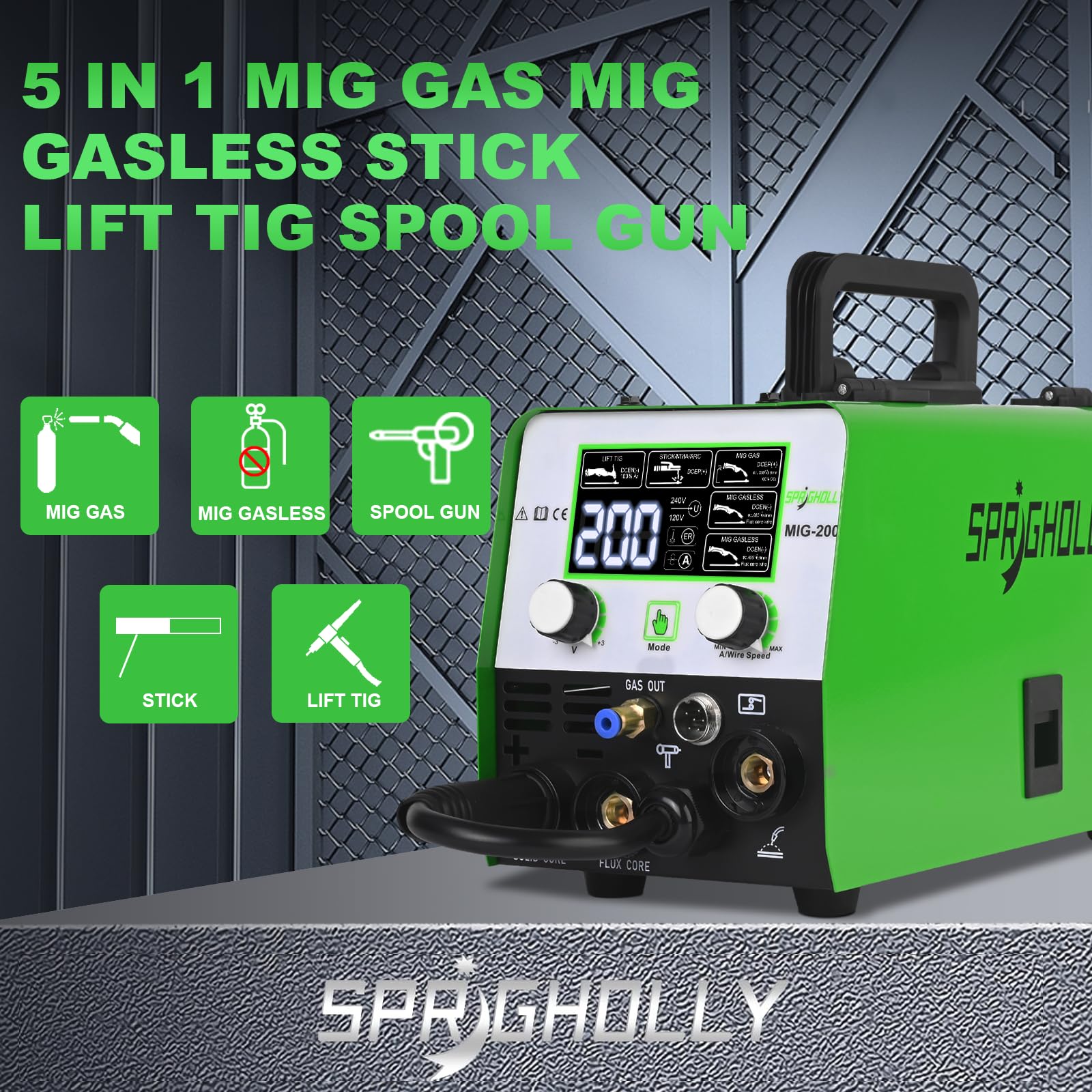 Saldatrice MIG 200 A 240 V, 4 in 1, saldatrice multiprocesso, MIG-gas/saldatura senza gas/Lift-TIG/asta/punti, grande aggiornamento display LED
