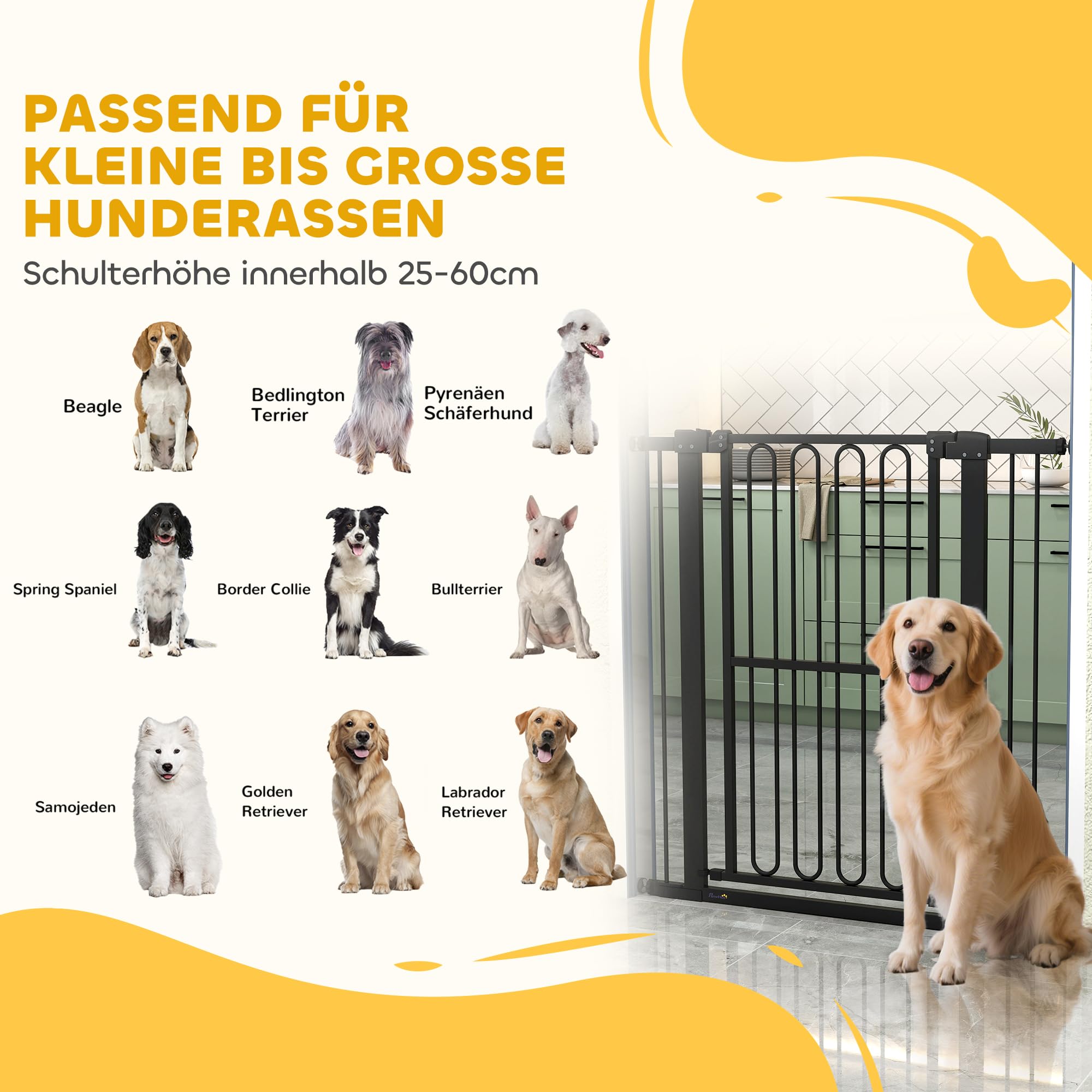 PawHut Barrera de Seguridad para escaleras Barrera de Seguridad para Puertas Barrera de Seguridad sin taladrar 76-104 cm Barrera de Seguridad de Acero para Perros, Mascotas escaleras, Puertas, Negro