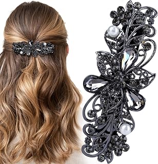 Sparkly Rhinestone Pearl Hair Clip, Gray Crystal Pearl Prom Barrettes Wedding Engagement Pageant Formal Dressy Decorative Accessories for Bride Women Thick Long Curly Hair - 1PCS