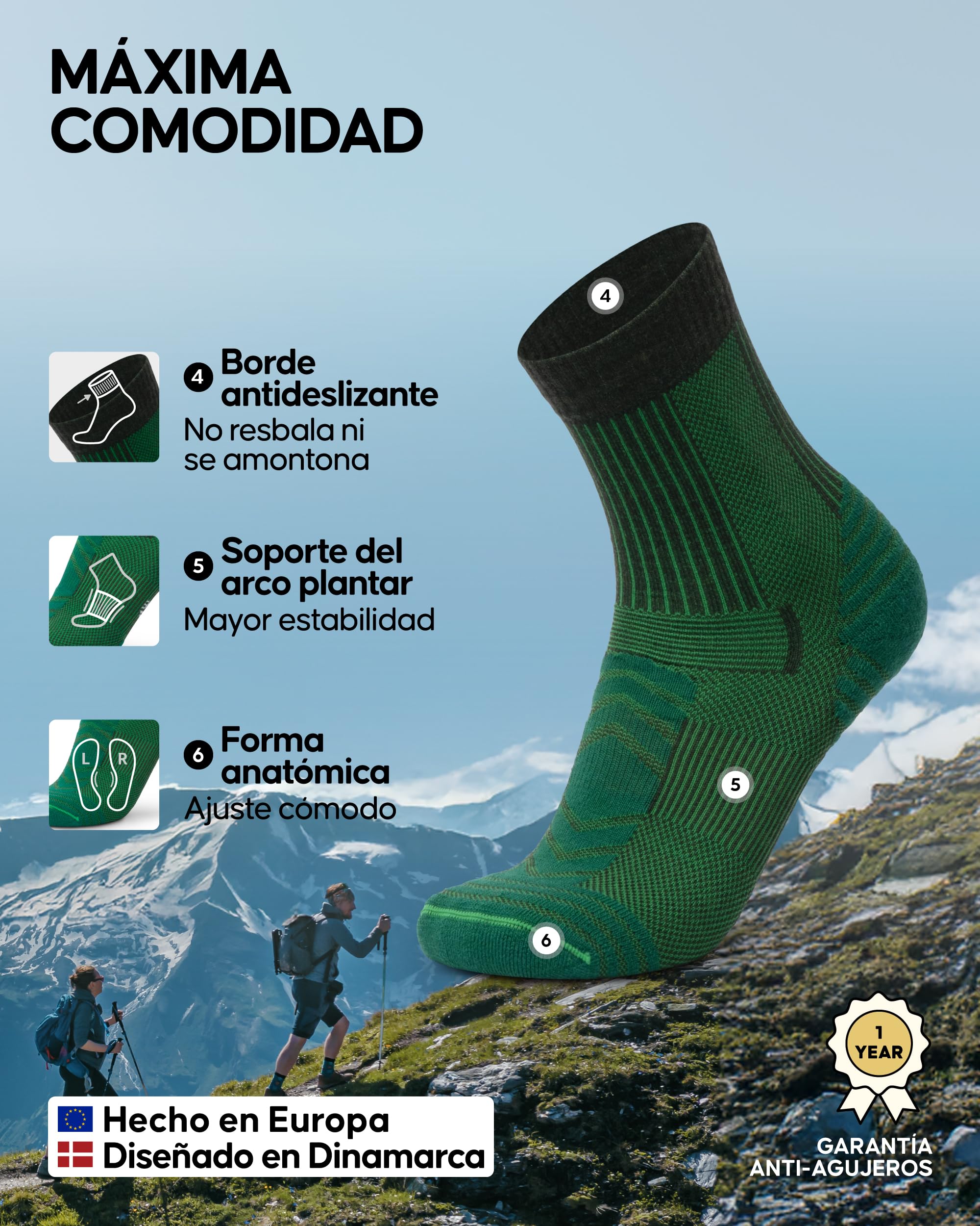 DANISH ENDURANCE Calcetines Antiampollas Senderismo Lana Merino Ligeros Unisex 3 Pack