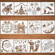 12 Pieces Plastic Stencils for Christmas - Drawing and Painting of Santa, Tree, Snowflakes, Bells, Reindeer - DIY Window Decoration