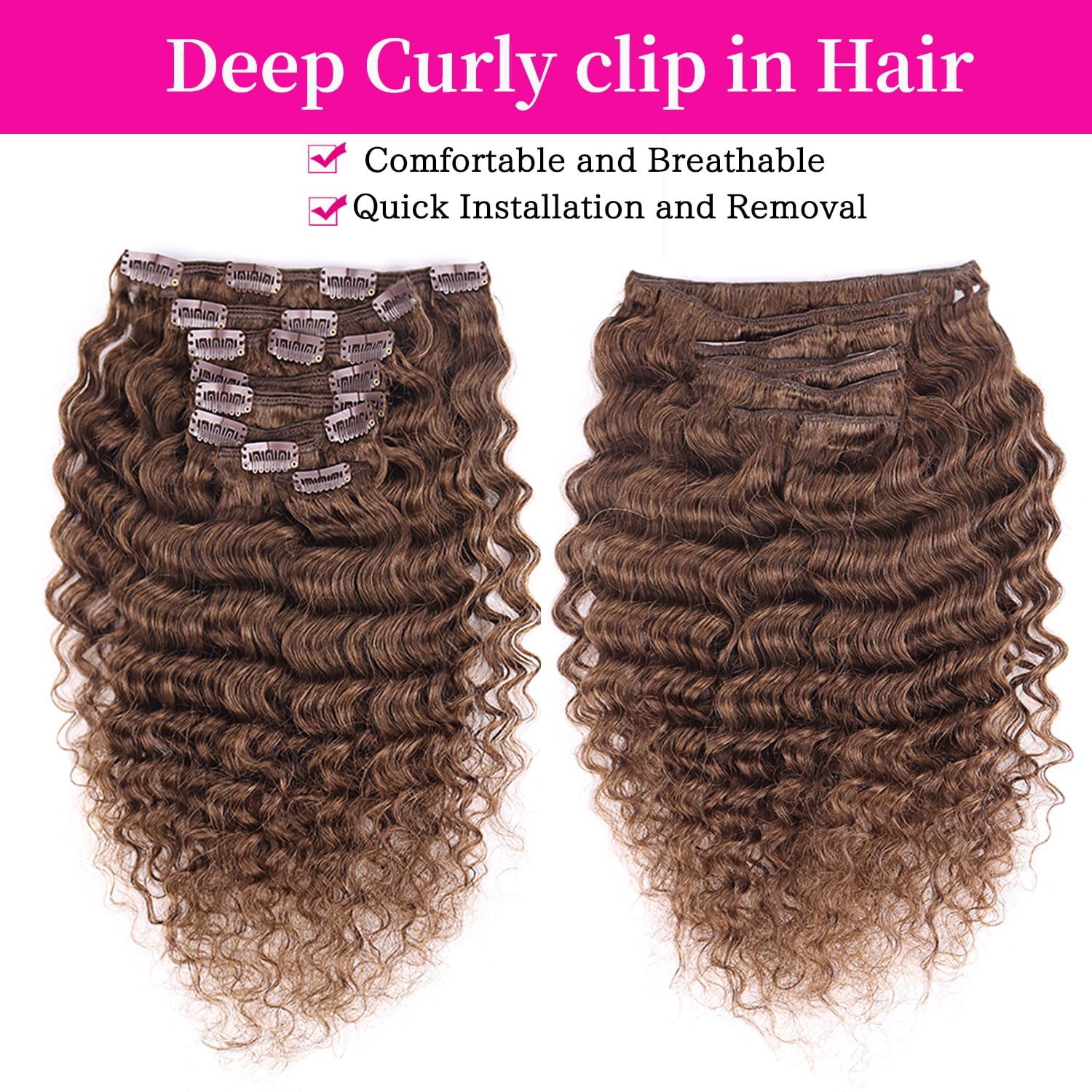 Wepwcod Deep Curly Hair Extensions Clip in Hair Extensions Real Human Hair 8Pcs With 18 Clips Clip in Hair Extensions for Women Deep Curly Clip ins Soft & Natural 120g (Brown-Deep, 16 inch) - Image 4