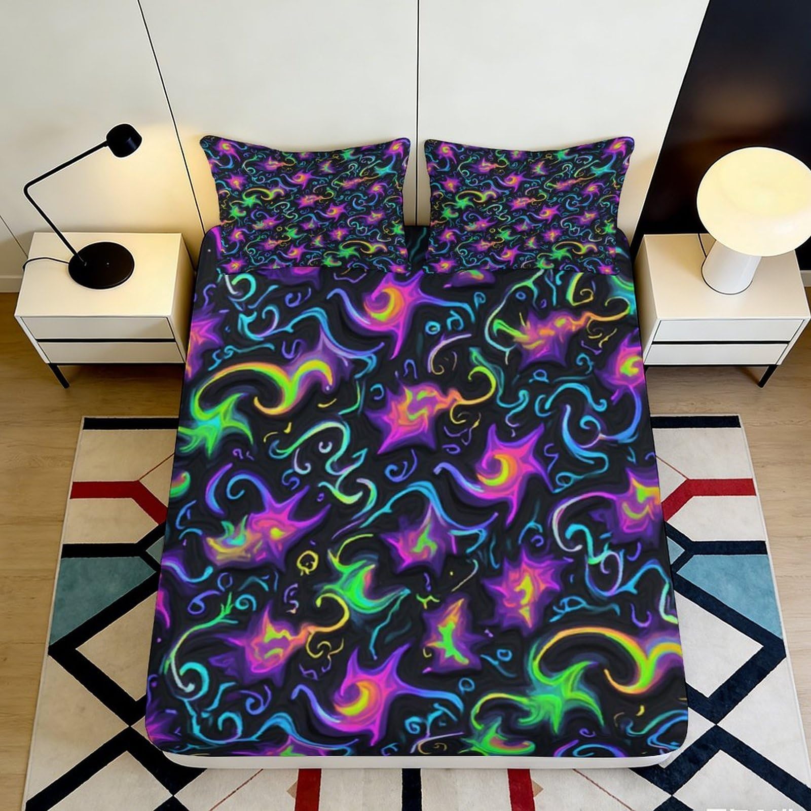 3D Printed Neon Swirl Fitted Sheet Microfiber Soft Breathable Abstract Wave Mattress Cover for Bedroom Dorm Decor 120x200x25cm