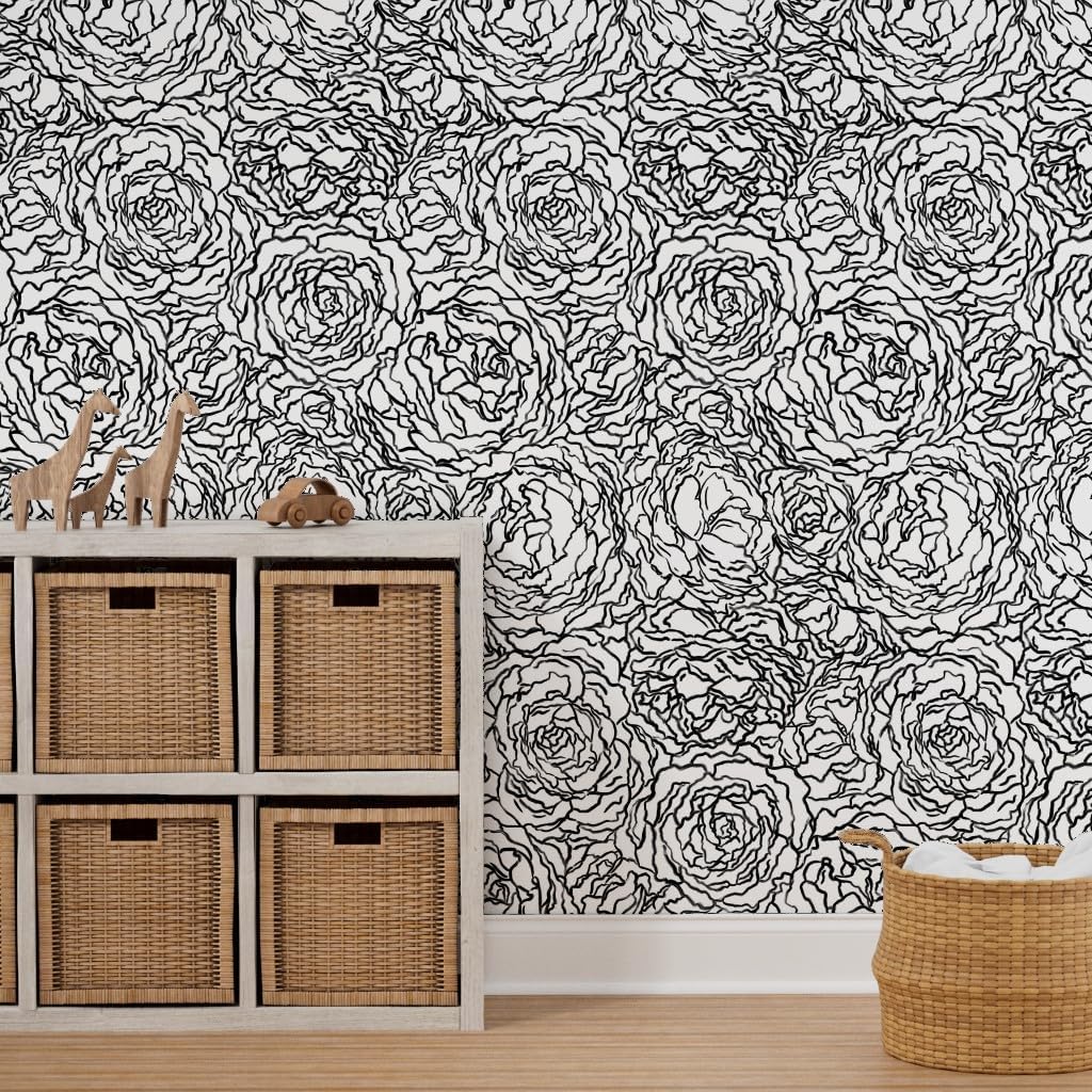 Spoonflower Removable Wallpaper 3ft x 2ft - Black White Painted Florals Floral Abstract Outlines Custom Pre-Pasted Wallpaper