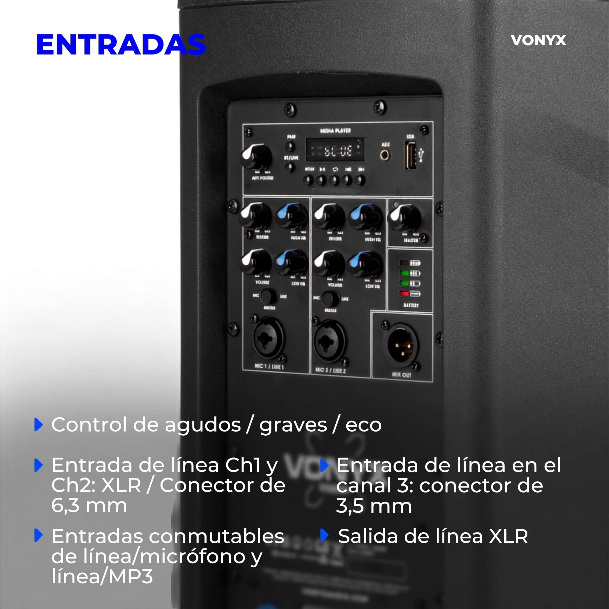 Vonyx VX808 – Sistema de Sonido Activo 320W con subwoofer de 8”, Bluetooth, USB, entradas XLR, emparejamiento inalámbrico, Altavoz Profesional para DJ, Eventos y presentaciones, Color Negro