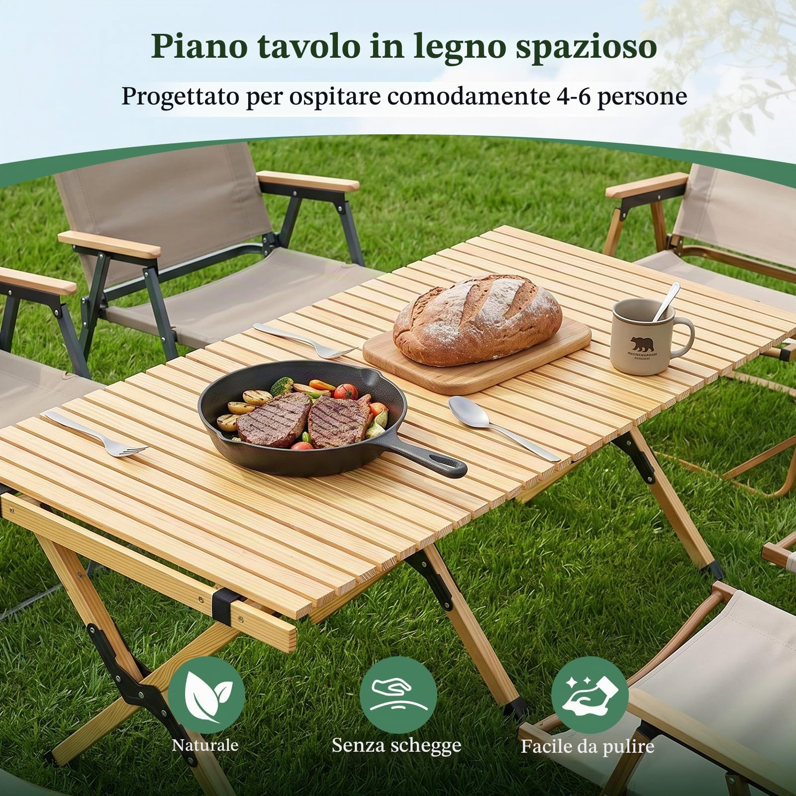 SOARS Tavolo da Campeggio Pieghevole 4-6 Posti, Tavolino Picnic con Piano Arrotolabile in Legno, Tavolo da Esterno Salvaspazio, con Borsa Trasporto, da Giardino, BBQ, Parco, 122 x 60 cm (Naturale)