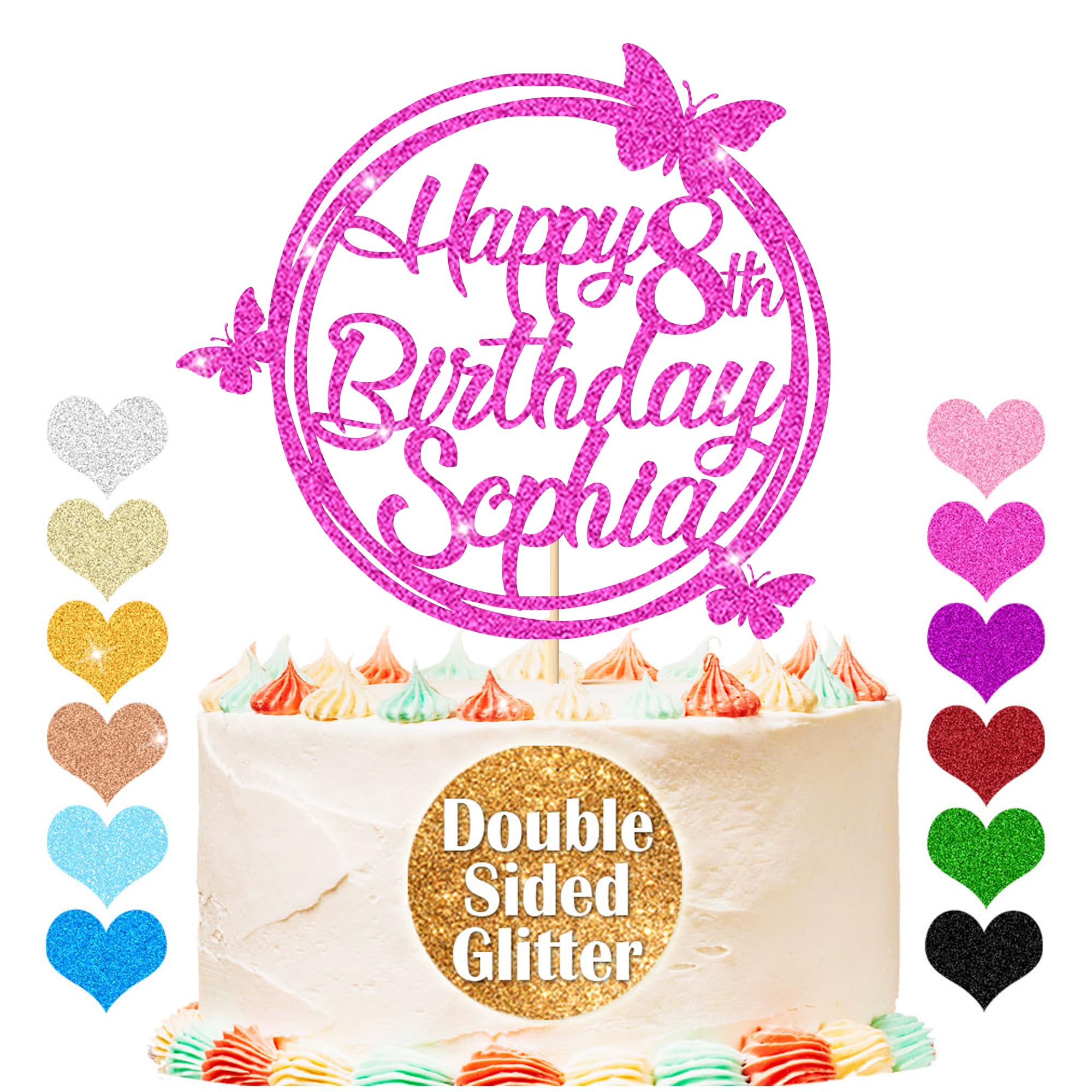 Personalised Happy Birthday Glitter Cake Topper, Custom Cake Topper Any Name & Age, Round Butterfly Cake Toppers, Birthday Party Cake Decorations for 18th 30th 40th 50th 60th 70th (Pink)