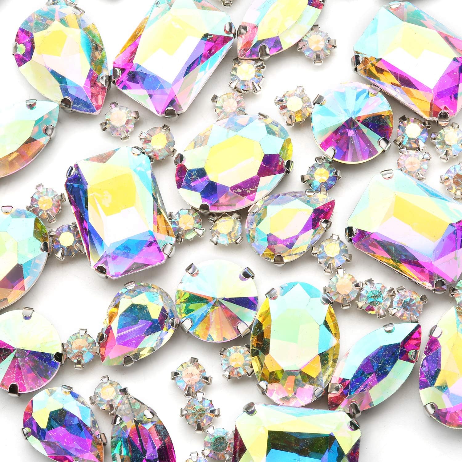 AB Sew On Rhinestones, Choupee 130PCS Sew On Rhinestone Metal Back Prong Setting Sewing Claw Rhinestone Mixed Shapes Sew On Glass Gems for Jewelry, Clothes, Costume, Shoes,Dress, Garments