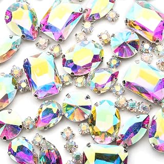 AB Sew On Rhinestones, Choupee 130PCS Sew On Rhinestone Metal Back Prong Setting Sewing Claw Rhinestone Mixed Shapes Sew On Glass Gems for Jewelry, Clothes, Costume, Shoes,Dress, Garments