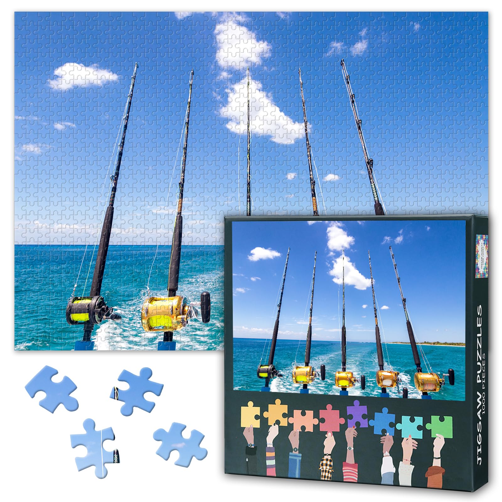 Jigsaw Puzzle 1000 Pieces for Adults Blue Ocean Seascape with Fishing Rods and Reels Coastal Wall Art Nautical Decor Beach House Puzzle Challenge 27.5 x 19.7 Inches