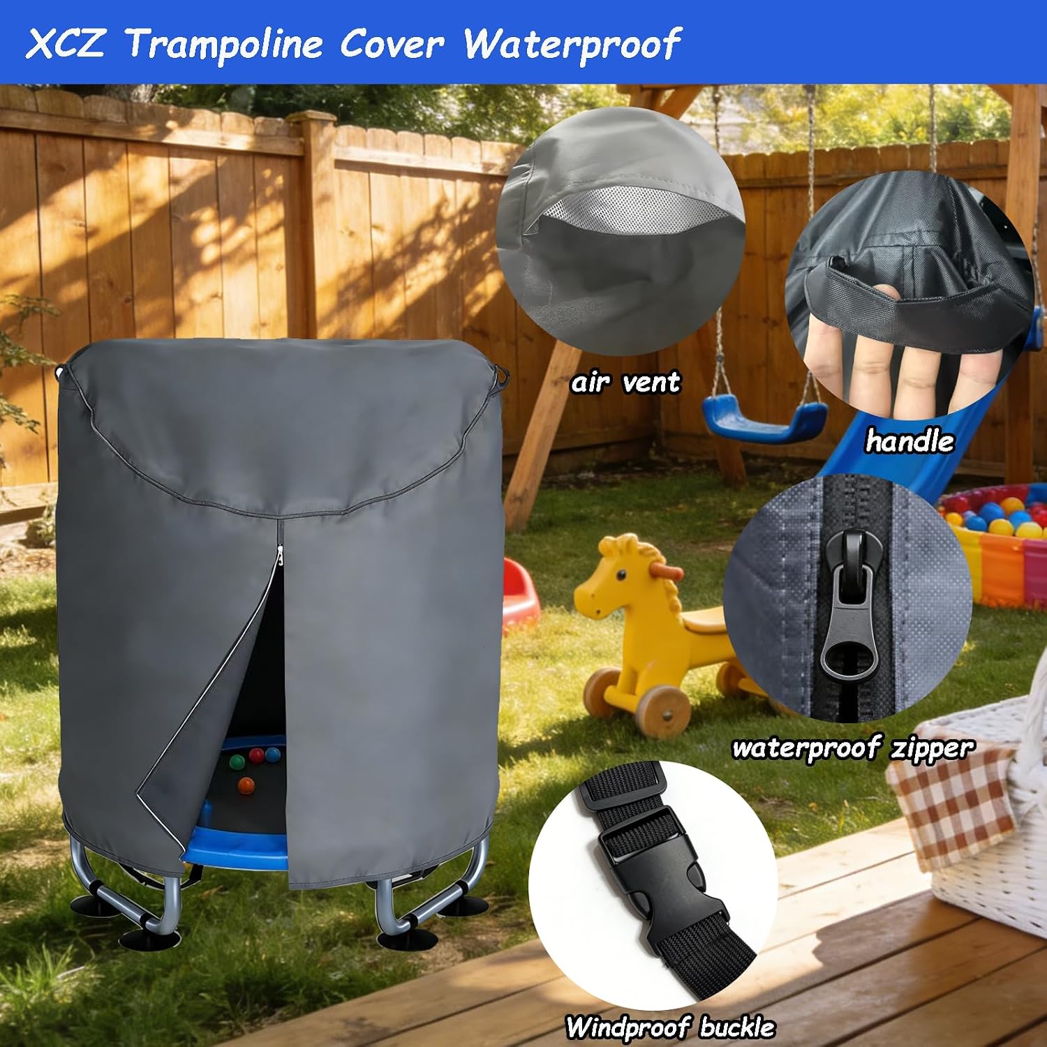 XCZ mini Trampoline Cover for Children, Suitable for a 55-inch Round Trampoline with Handles. Waterproof/dustproof/Sun-Proof, Full Coverage, Grey