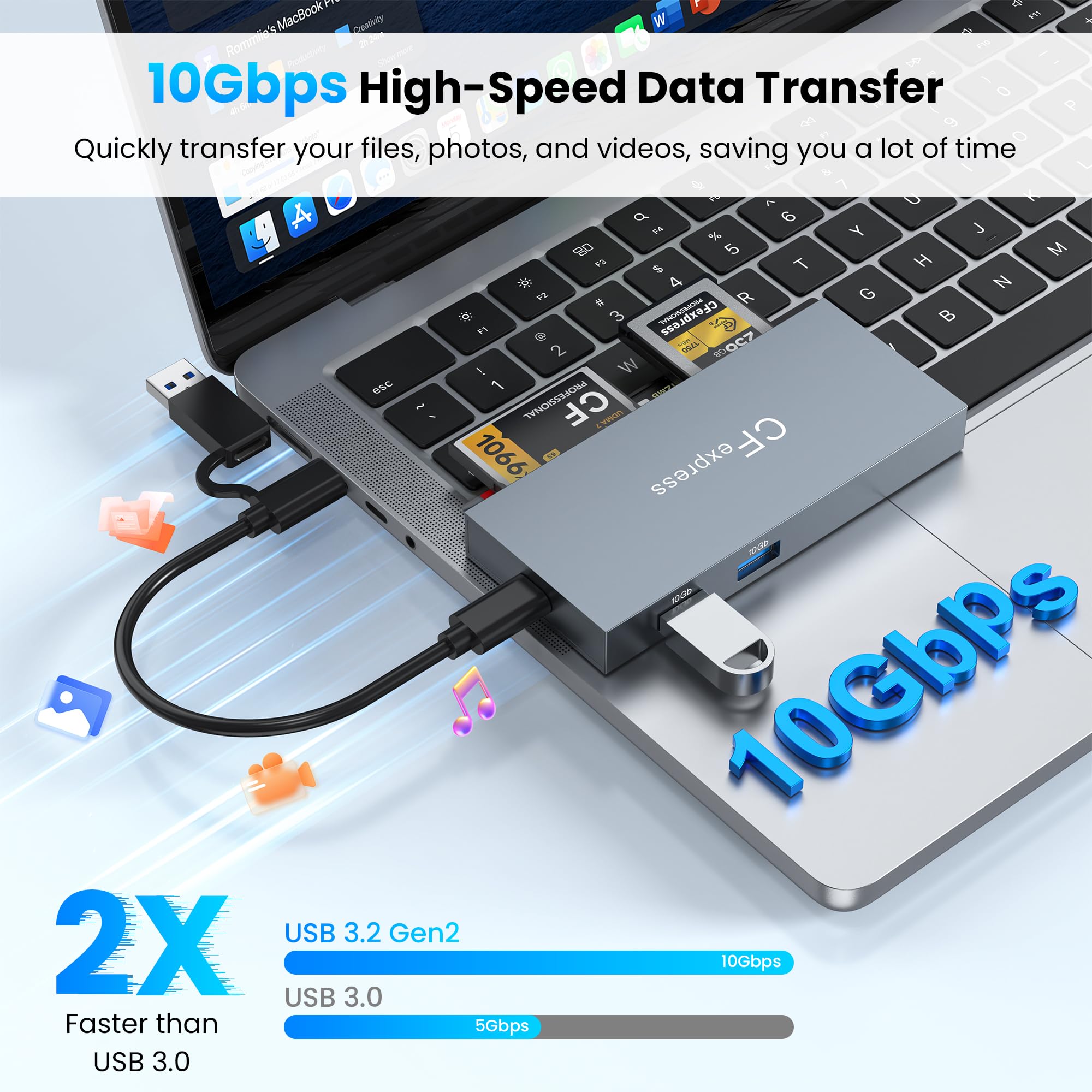 8-en-1 Lecteur de Carte CFexpress Type B USB-C & USB-A 3.2 Gen 2 10Gbps Adaptateur de Cartes Multiples pour CFe B/CF/XD/MS/TF/SD Compatible avec Windows/Mac/Linux/Android, Shell en Aluminium, Gris