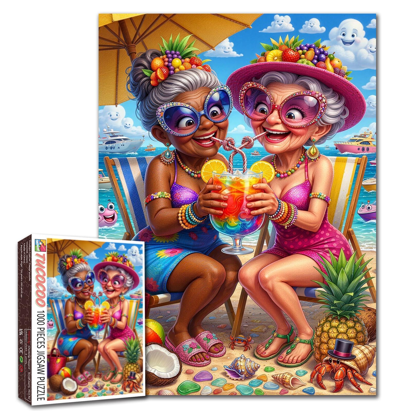 Funny Grandma Friendship Jigsaw Puzzle Adults 1000 Pieces Elderly Women Summer Vacation Drink Puzzle for Senior Tropical Beach Ocean Scene Puzzles Relaxing Activity Gift Home Decor 19.7 x 27.6 Inch