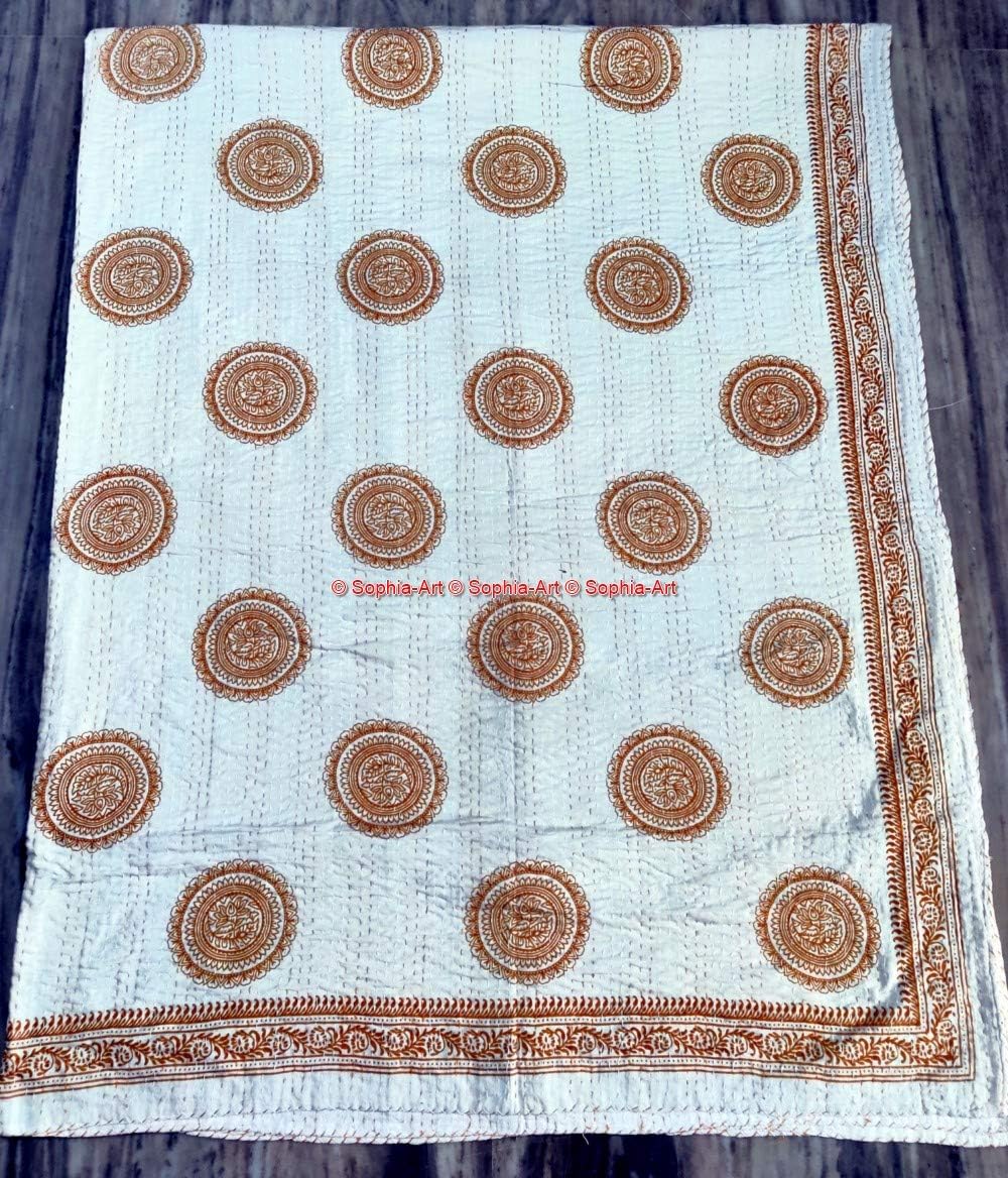 Sophia-Art Traditional Indian Hand Made Cotton Ethnic Kantha Quilt Hippie Floral Bed Spread Blanket Throw Indian Bohemian Hand Block Bed Cover White Base (Blue, 108” X 108”)