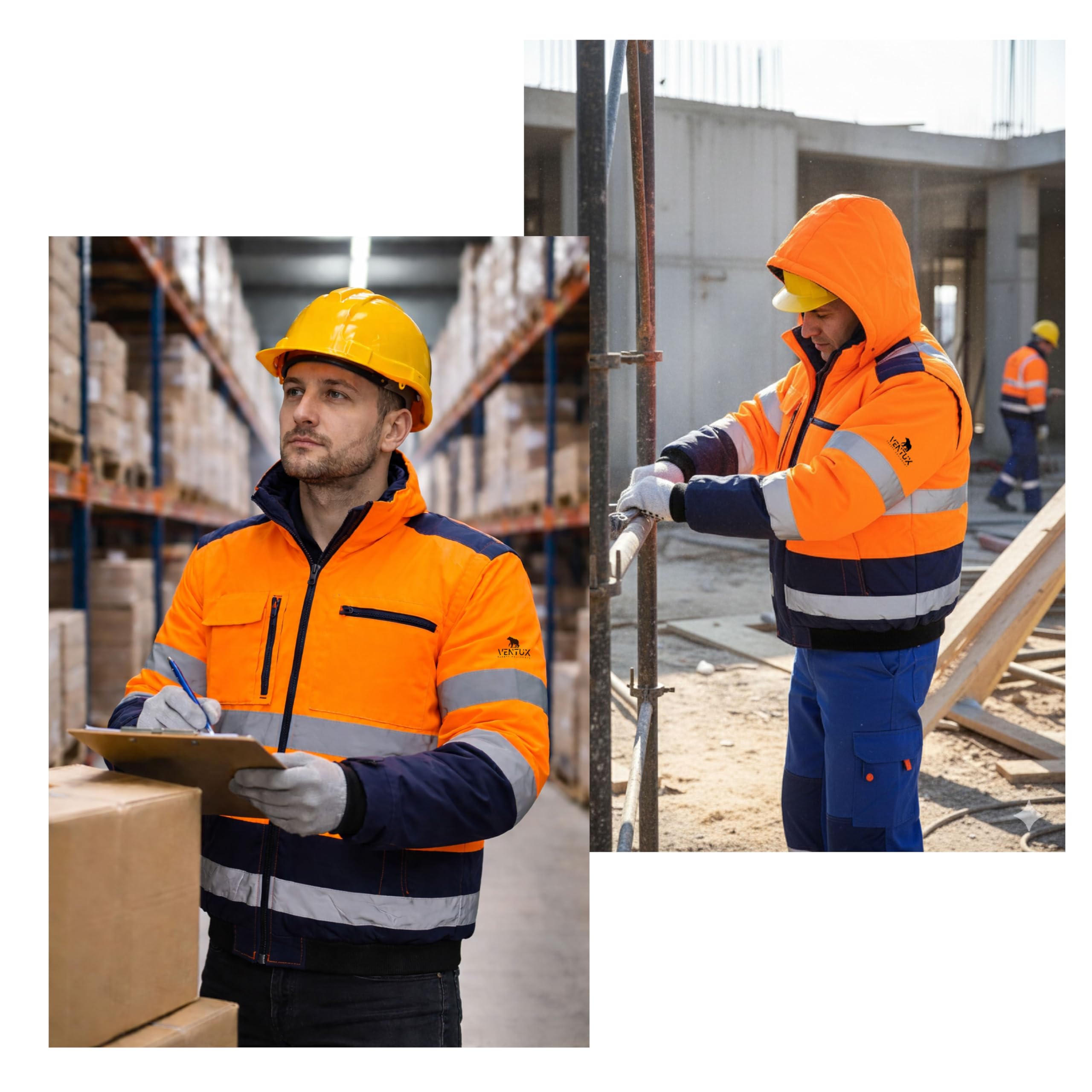 Veste Haute Visibilité - Taille L - Rembourrée Orange Bleu Marine – Blouson Chantier BTP Certifié ISO 20471 | Bandes Réfléchissantes | Imperméable | Veste de Travail de Sécurité