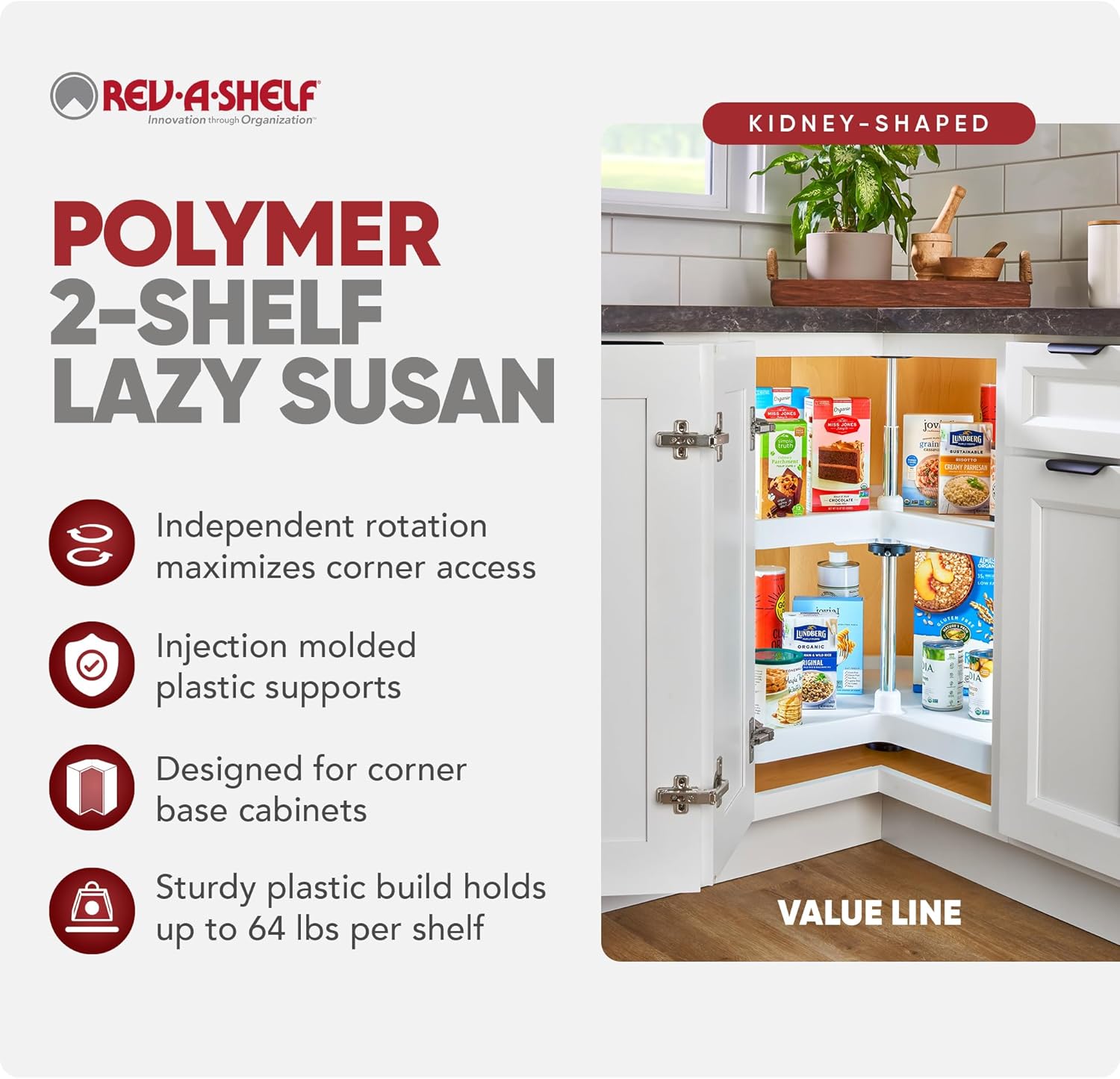Rev-A-Shelf 2 Tier Kidney Cut Lazy Susan for Corner Base Cabinets, Plastic, 28" Double Shelf Swivel Kitchen Spice/Can Organizer, White, 3472-28-11-52