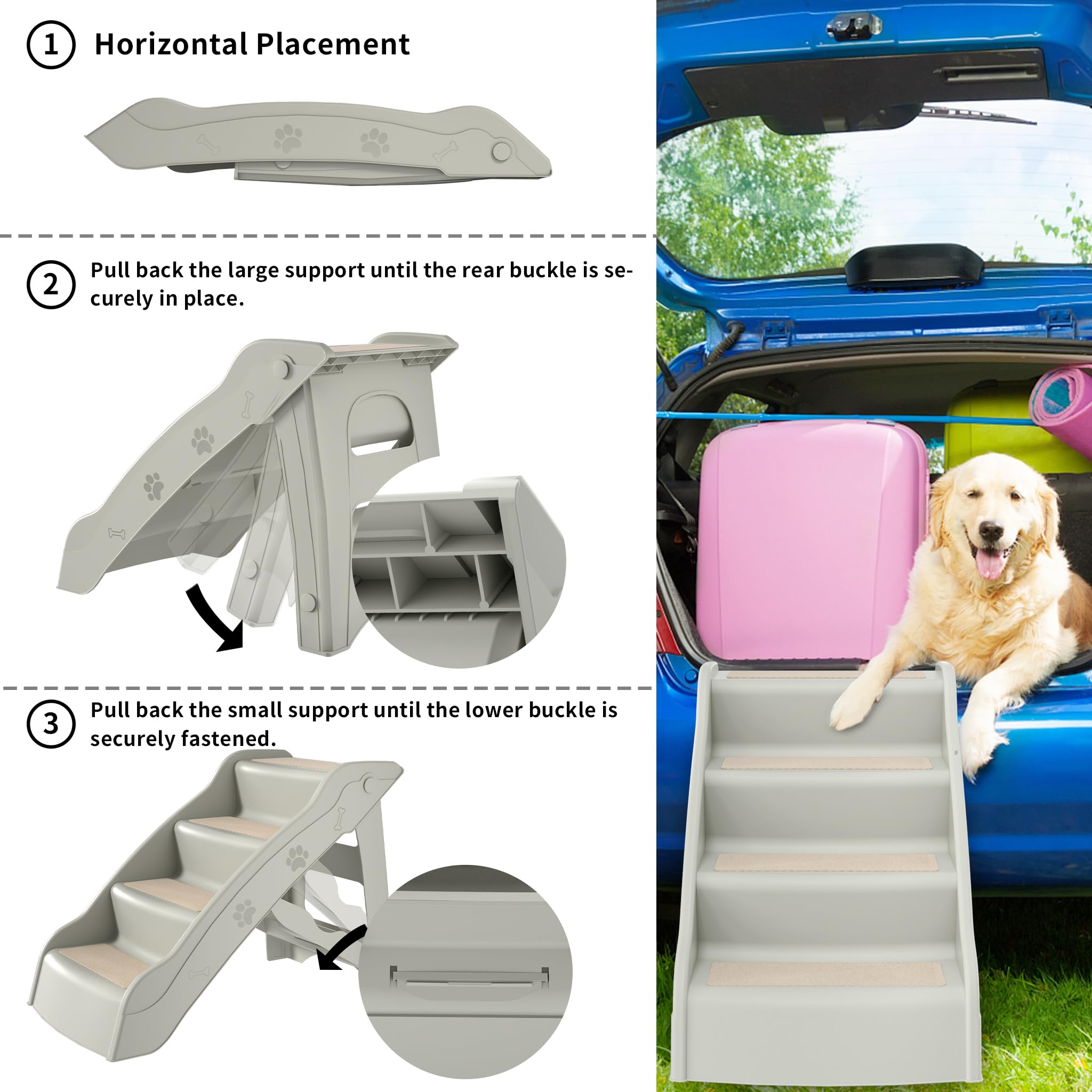 UISEBRT Escalera plegable para perros, 4 peldaños, para mascotas, con alfombrilla antideslizante y barra de apoyo para mascotas de hasta 75 kg, color gris