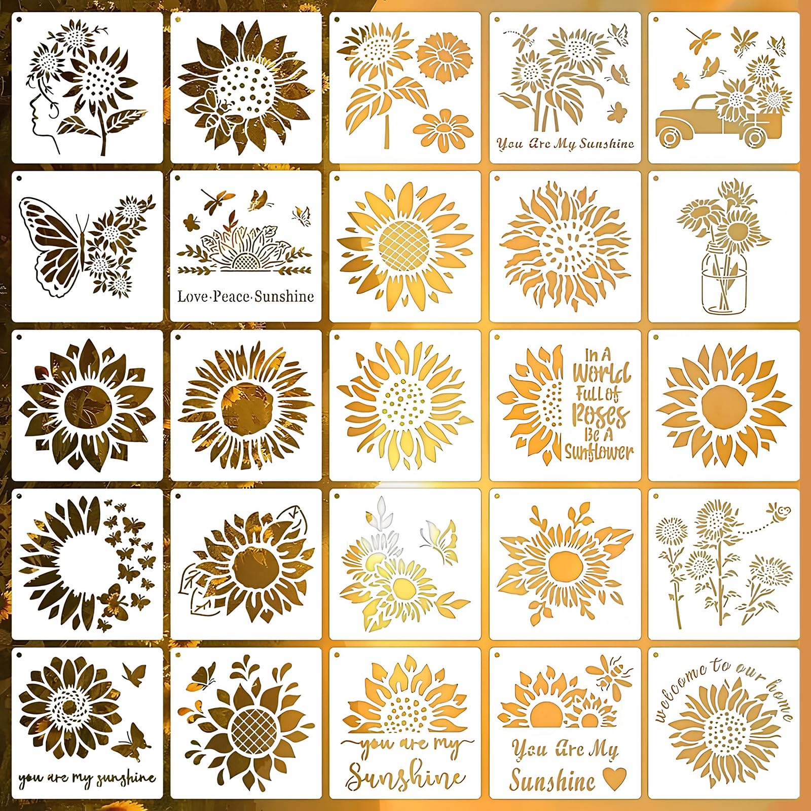 25 Pcs Sunflower Stencils Set,15CM Reusable Painting Stencils for DIY, Furniture, Wood, Floor, Scrapbooking, Textile Design,Crafts,Furniture Canvas Decoration