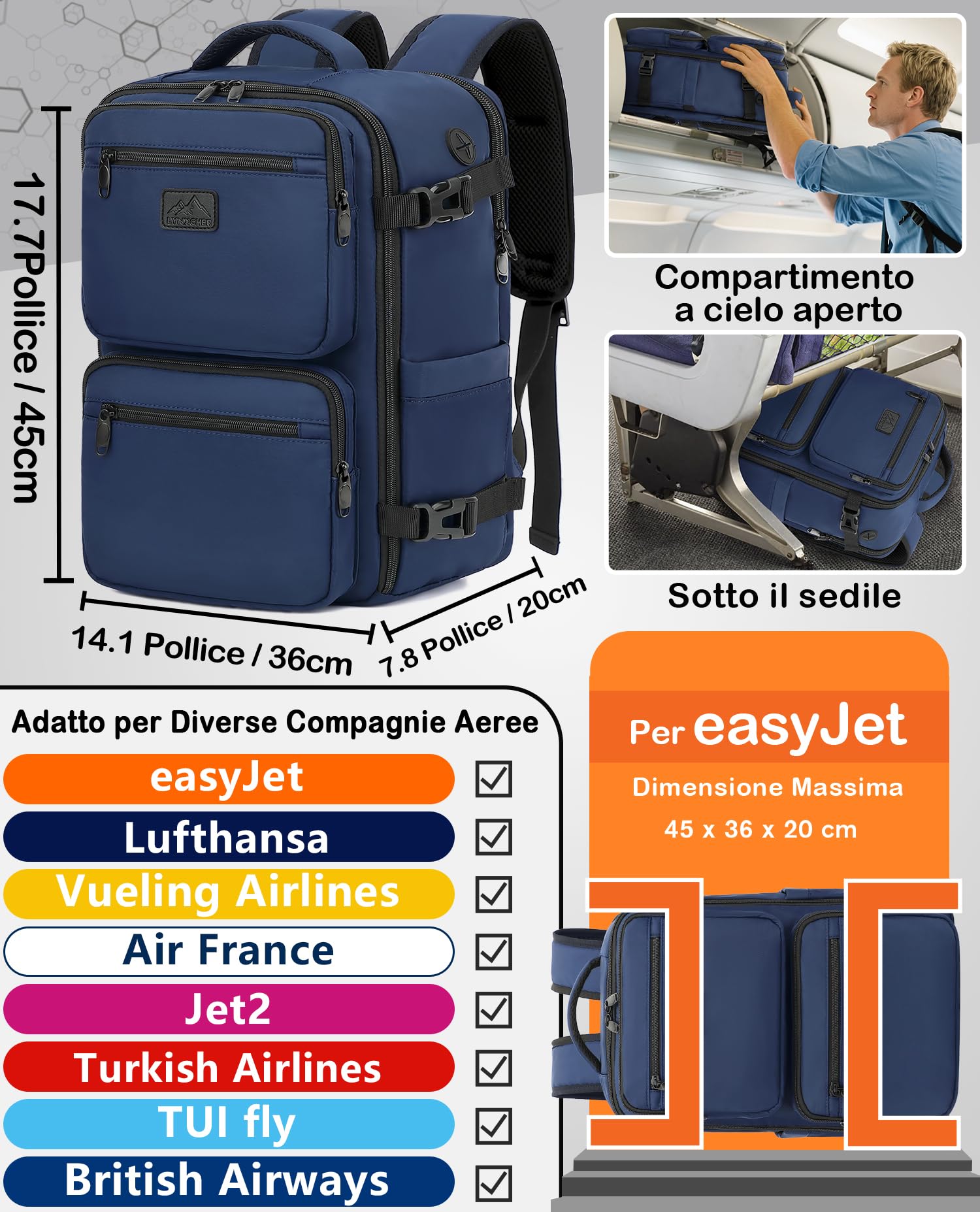 LYNXCHER Zaino da Viaggio Easyjet 45x36x20 Bagaglio a Mano Aereo 30L Borsa da Cabina per Uomo e Donna per Laptop da 15.6 Pollici Blu Scuro