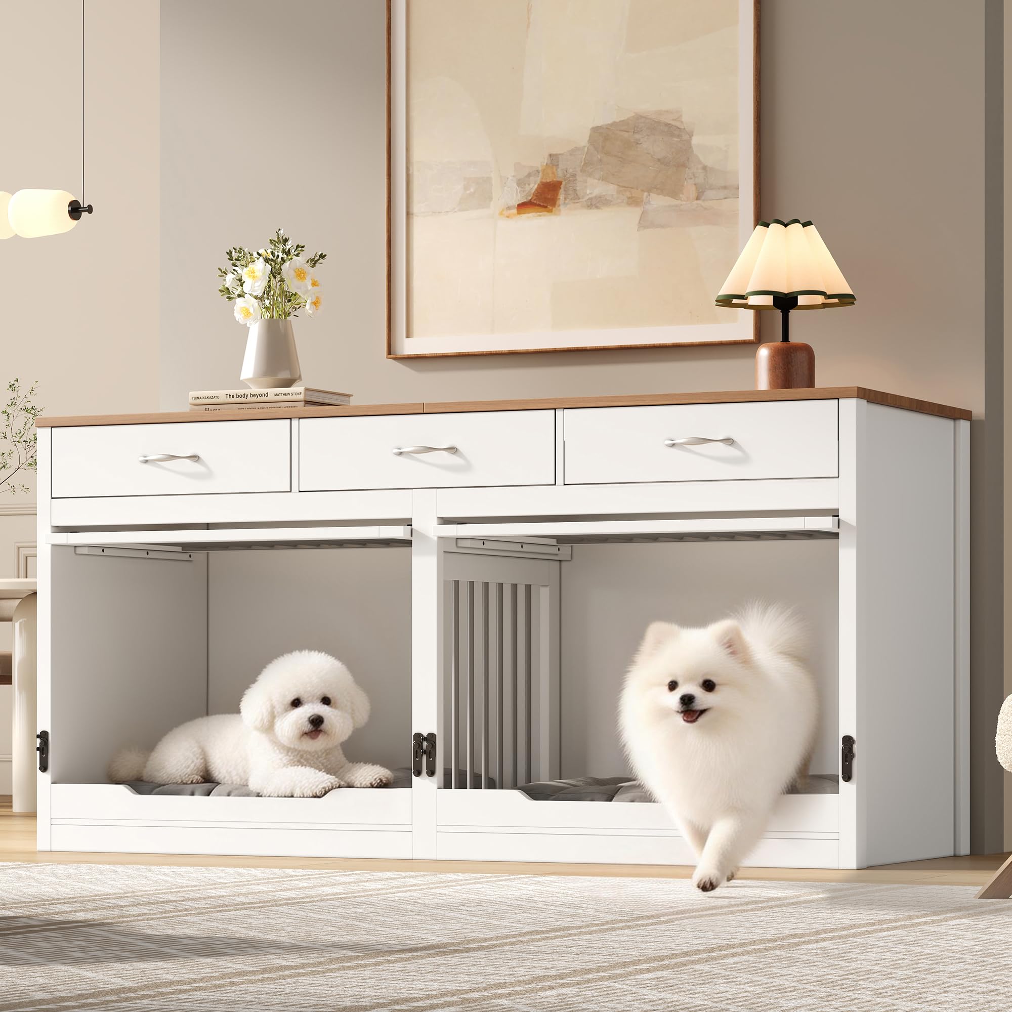 Gabbia per Cani in Legno e Metallo per 2 Cani 164x60x81 cm Cuccia Interna Coperchio Ribaltabile Divisorio Estraibile 3 Cassetti (Bianco + Effetto Legno)