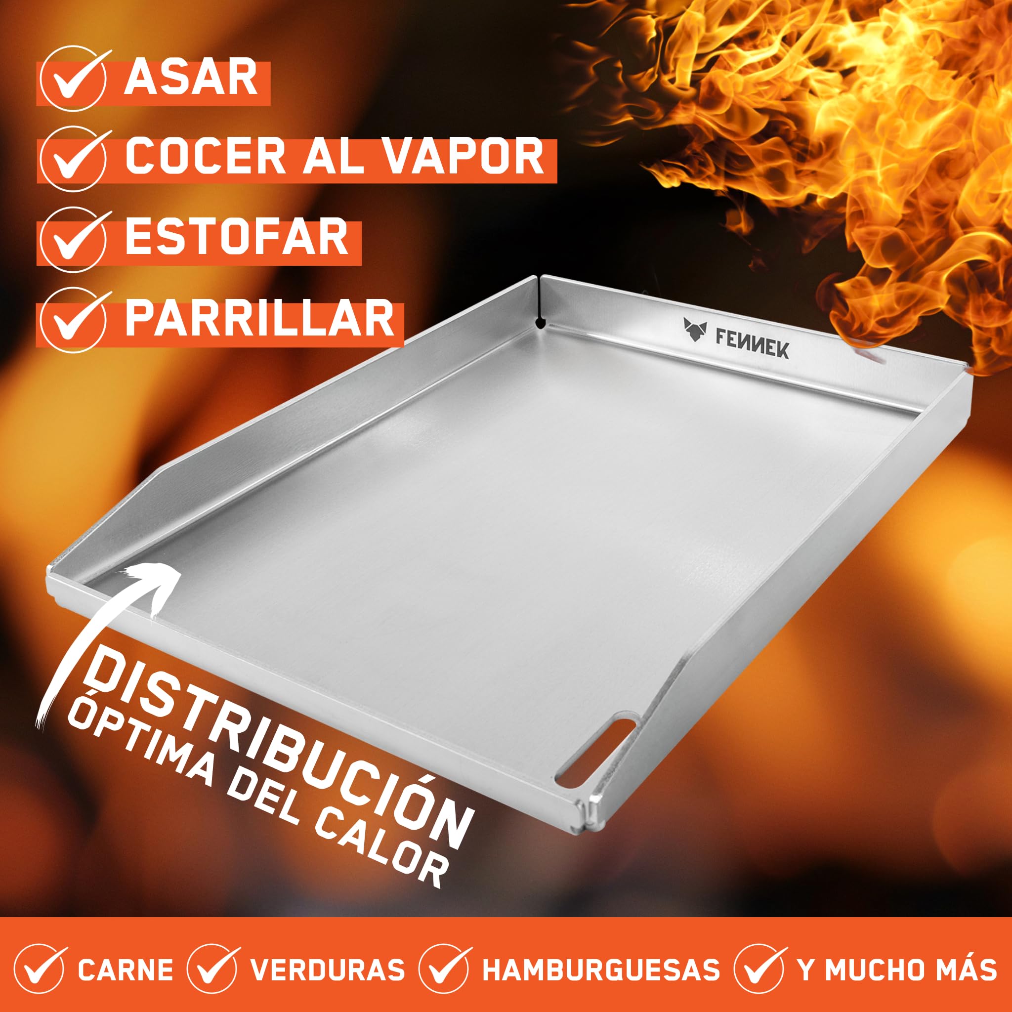 FENNEK Plancha de 40 x 30 cm Teppanyaki plancha con borde frontal y gran orificio de drenaje, acero inoxidable de 4,0 mm, para hamburguesas, verduras, pescado, etc., apta para lavavajillas, bordes
