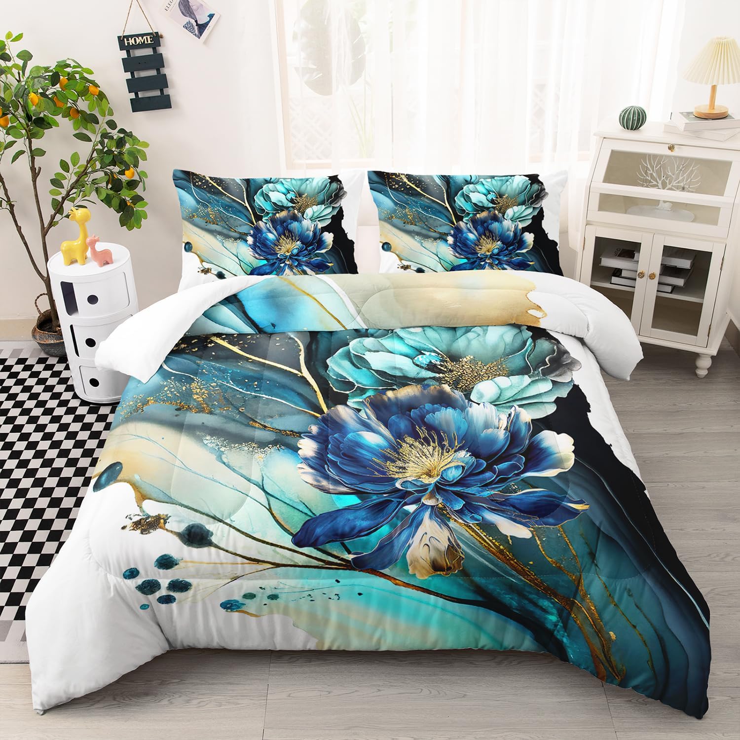 AILONEN 3D Flowers Comforter Set Queen Size, Blue Flowers Bedding Set for Girls Women,Marble Style Bed in a Bag,Watercolor Blue Duvet Set,1 Quilt and 2 Pillow Case,3 Piece Flowers30 Queen