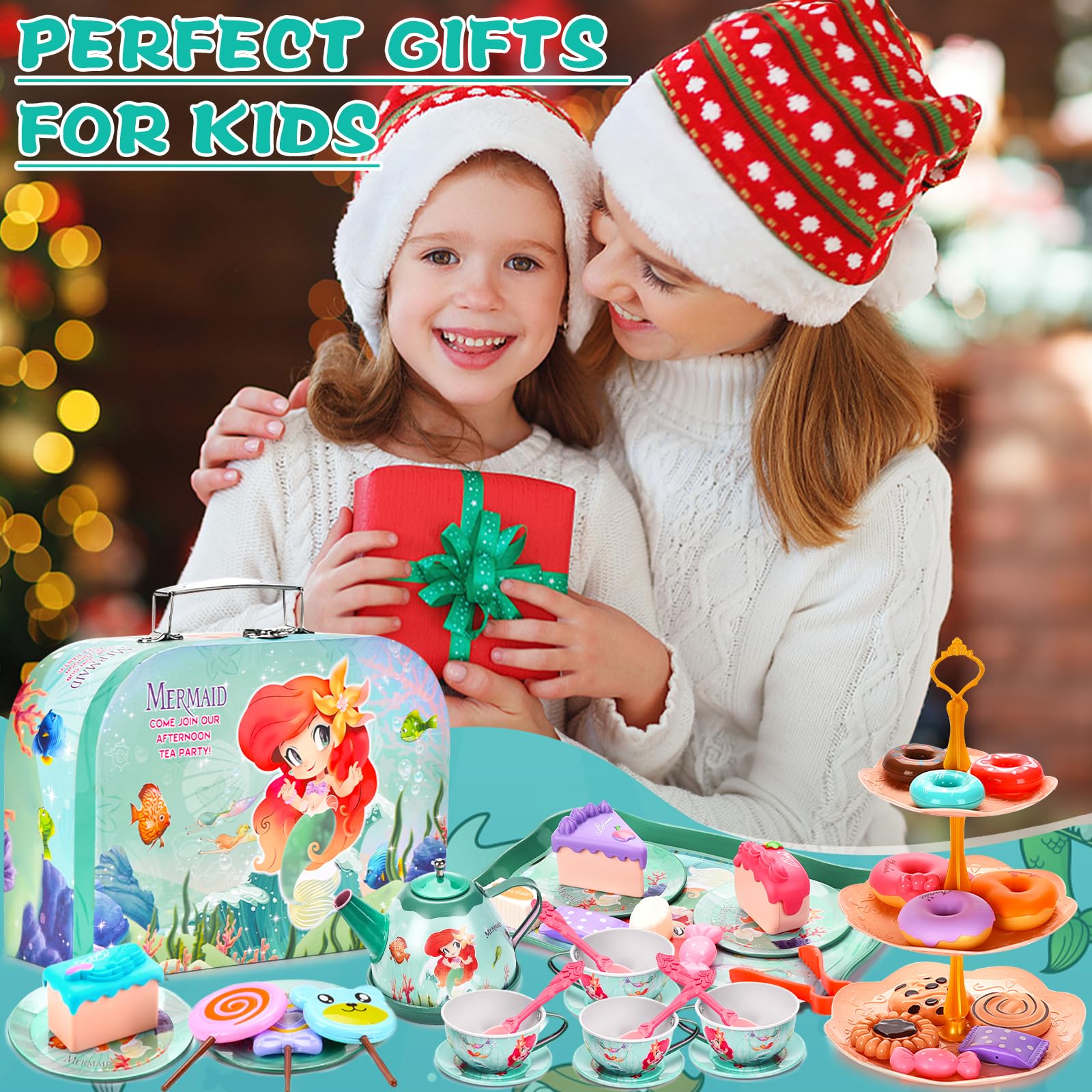 48 PCS Set da Tè per Bambini,Giocattoli Sirena di Latta Tea Party Finta di Giocare con Dessert Donut,Tea Party Finta di Giocare Sirena Compleanno Regalo per Bambina 3 4 5 6 7 Anni