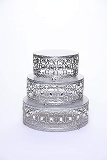 Opulent Treasures Set of 3 Riser Round Metal Cake Stands Clear Bead Decor (Antique Silver)