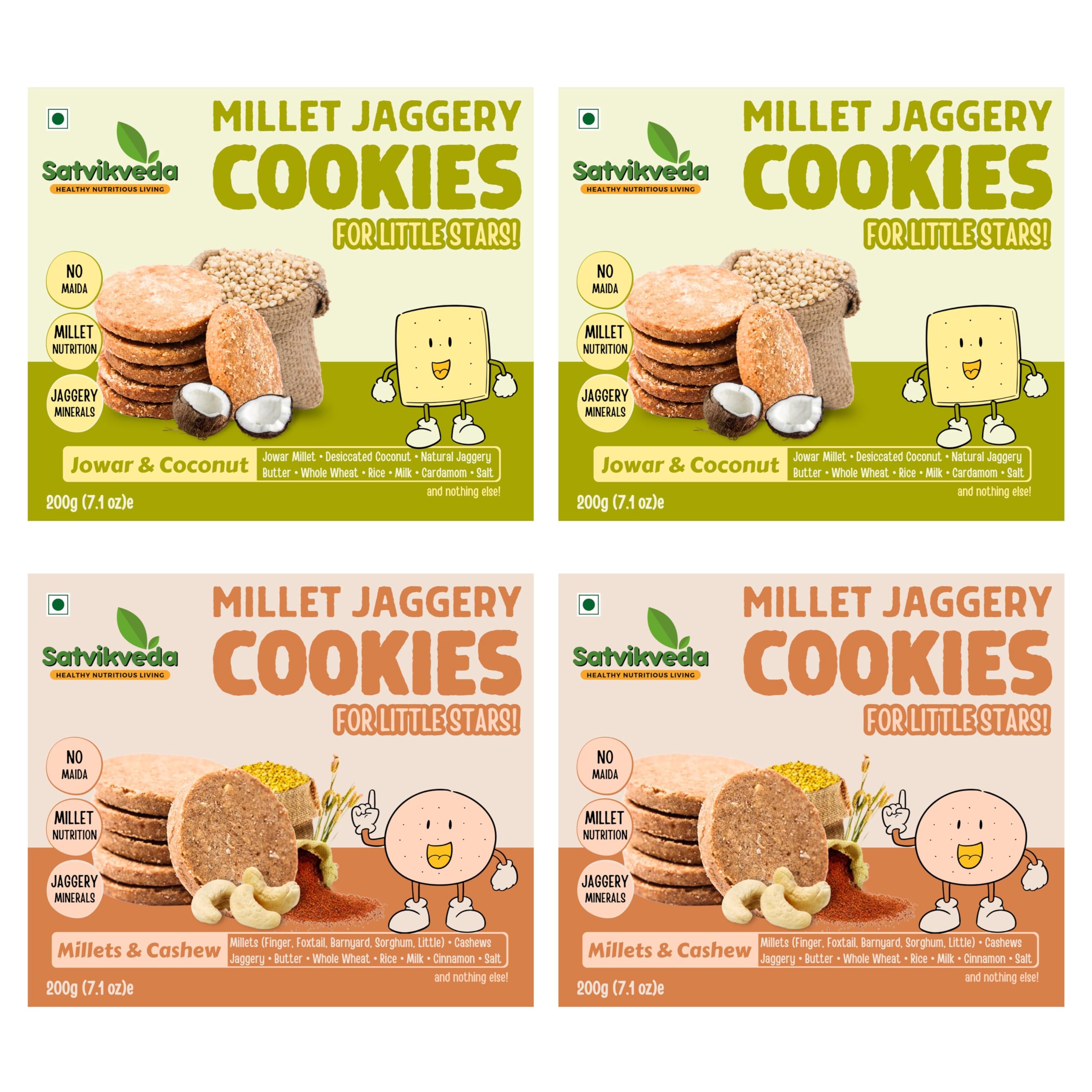 Satvikveda Jowar Coconut Cookies 200g (Pack of 2) + Millets Cashew Cookies 200g (Pack of 2) | Millet Jaggery Biscuits - Combo Packs | Healthy Snacks for Kids & Adults | No Added Maida and Sugar (B0C9XH6YH4) Amazon Price History, Amazon Price Tracker