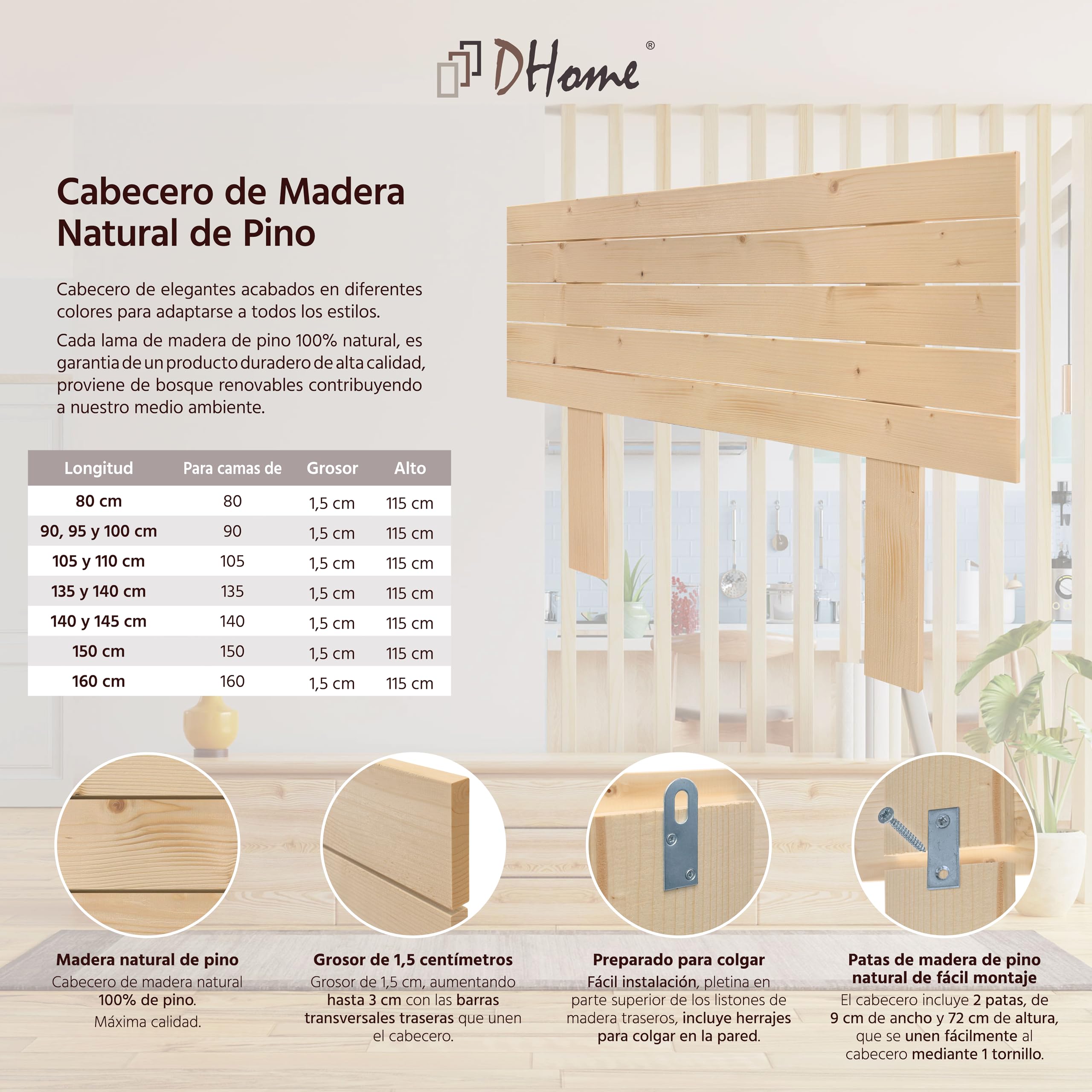 DHOME Cabecero de Madera Natural de Pino con Patas Estilo Palet Horizontal Cama Palets Herrajes incluidos (80x115 Palet 5)
