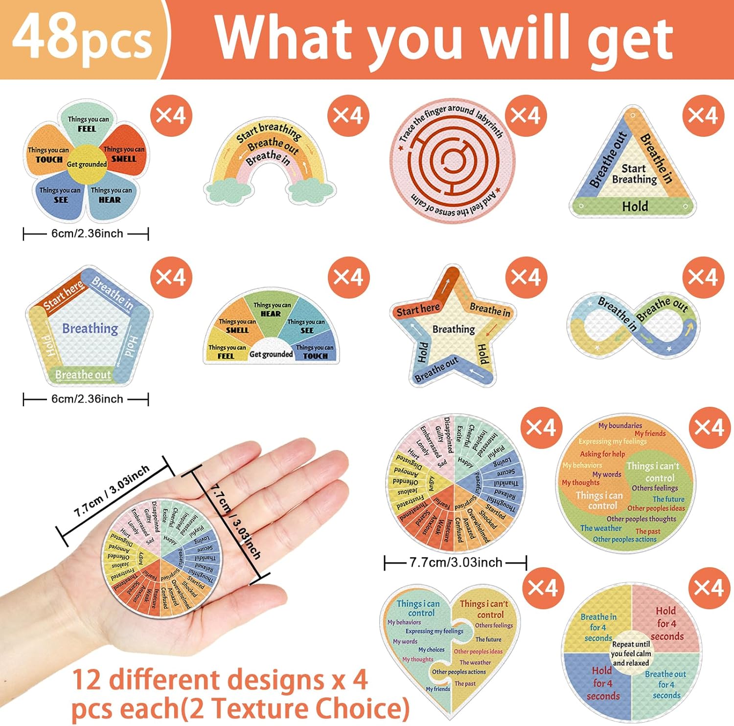 48 Pcs Breath Calm Anxiety Sensory Stickers Reusable Mindfulness Stickers Anti Stress Rough Textured Sticker Anxiety Strips for School Office Classroom Desk Adults Teens Tension Fidget Supplies