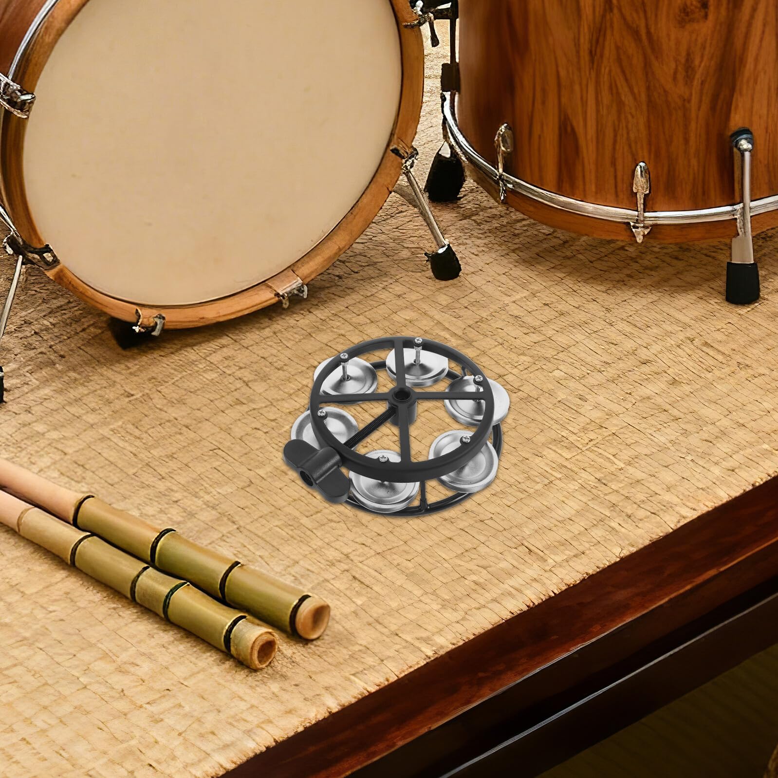ABOOFAN Pandereta de Montaje para Baterista con Perno de Ojo, Campanas Plateadas y Marco Negro, Platillo Hi-hat Compacto para Batería, Accesorios de Percusión para Conciertos y Escenarios
