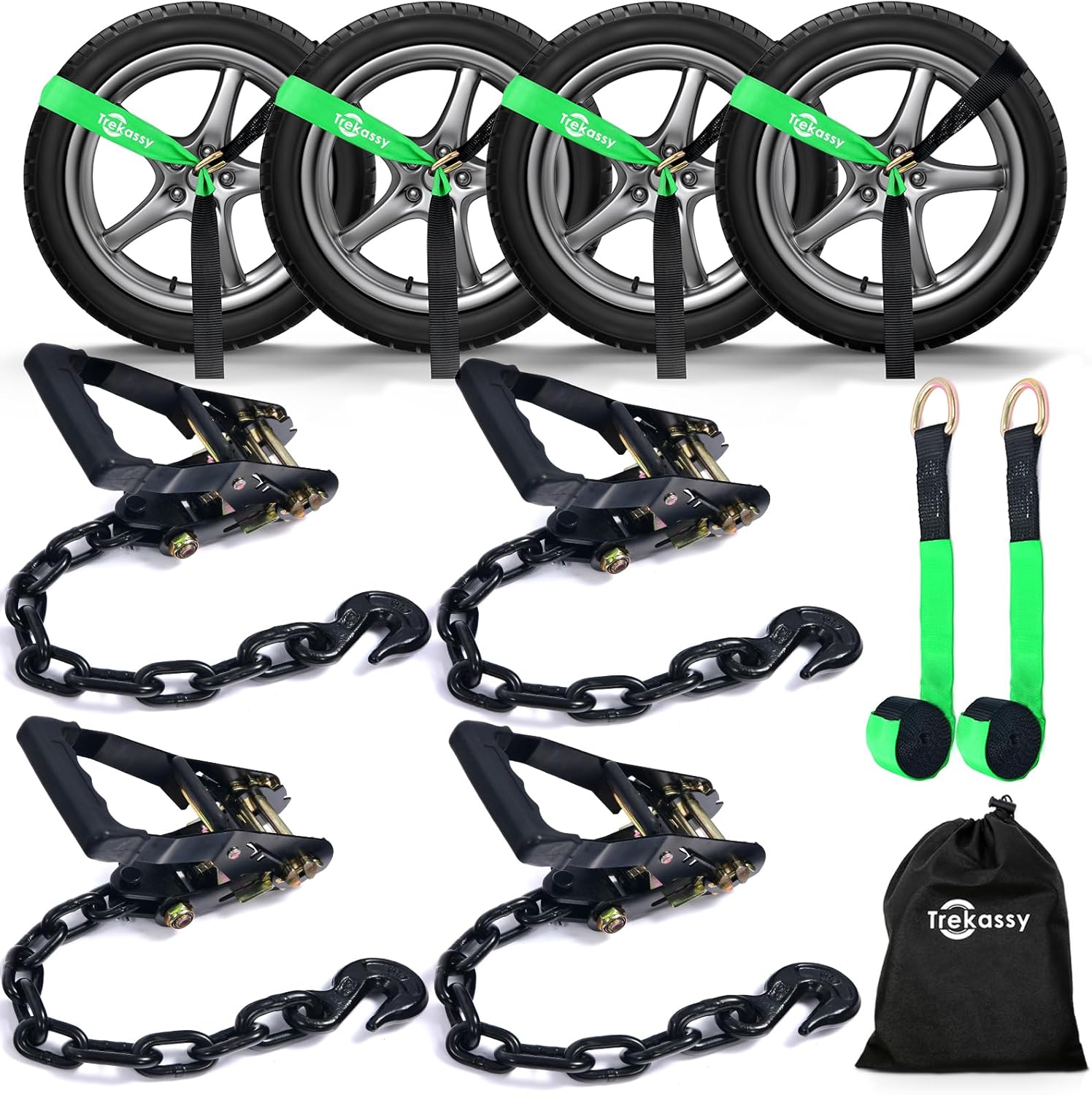 Trekassy Car Tie Down Straps for Trailers, 6 Pack 96" Tire Straps (2 for Replacement), 4 Pack Ratchets with Chain Anchors, 10,000lb Break Strength Black
