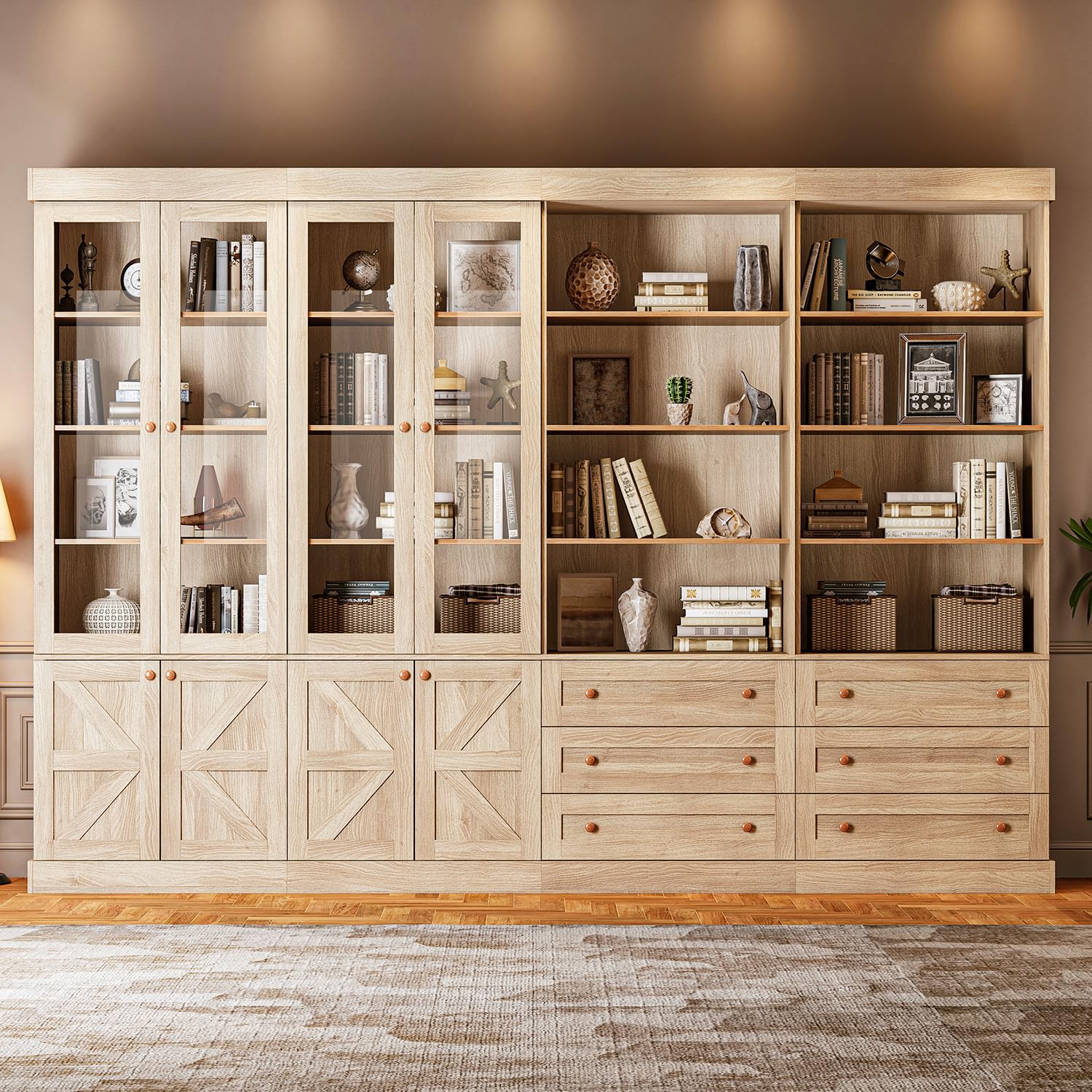 Vyre 71" Tall Farmhouse Kitchen Pantry, Large Storage Cabinets with Glass Doors, Freestanding Wood Hutch Cabinet with 3 Drawers & Adjustable Shelves