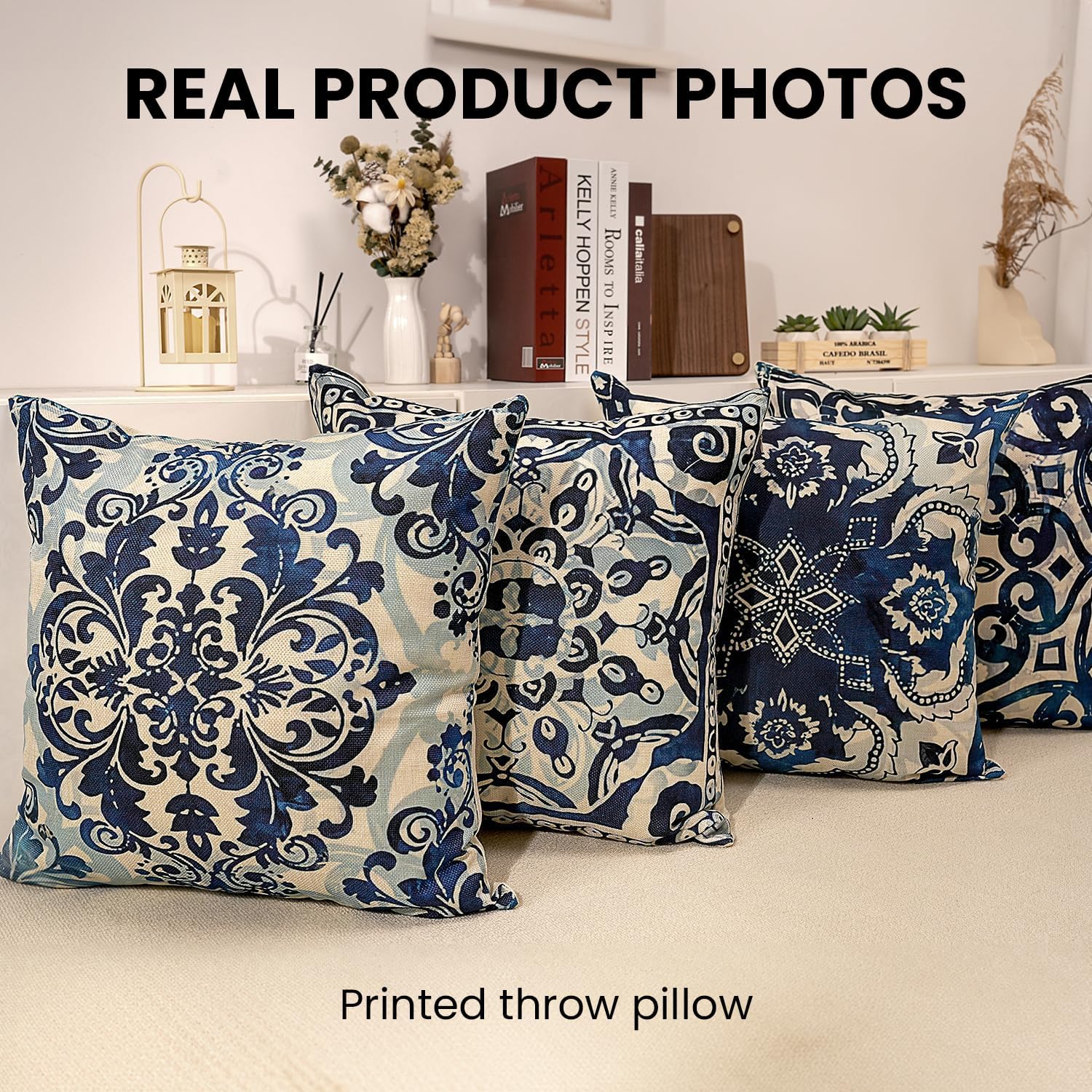 Vintage Blue and White Throw Pillow Covers 18x18 Set of 4, Retro Boho Ethnic Navy Blue Moroccan Tile Mediterranean Decorative Pillow Covers for Home Room, Chinoiserie Decor Pillowcases - Image 6