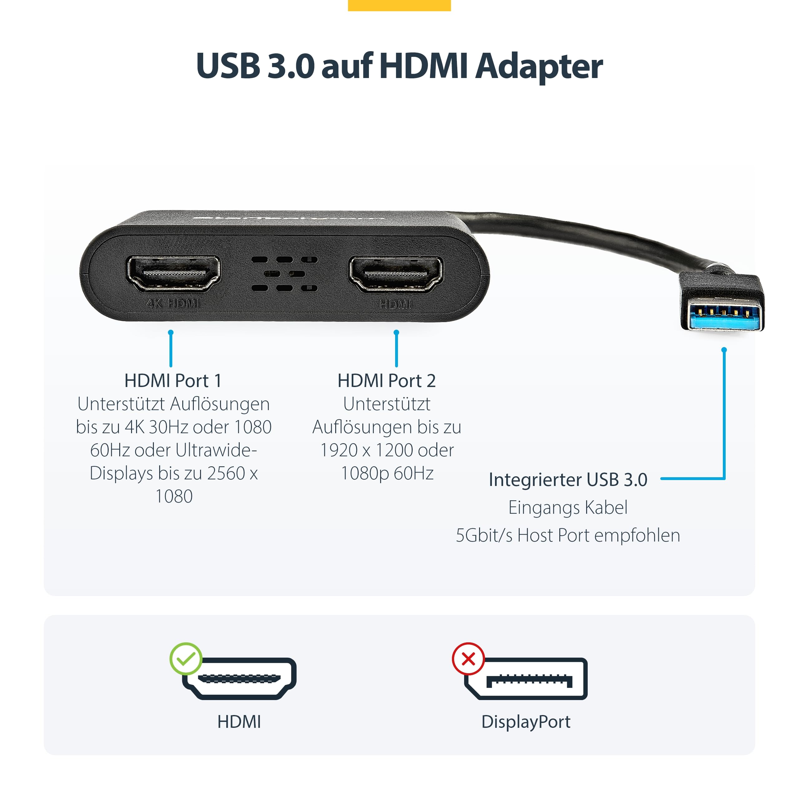 StarTech USB-A 3.0 auf Dual HDMI Adapter für Windows, Dual HDMI USB Bildschirm Konverter, 4K 30Hz und 1080p 60Hz, Mehrbildschirm-Modus: Erweitern oder Spiegeln