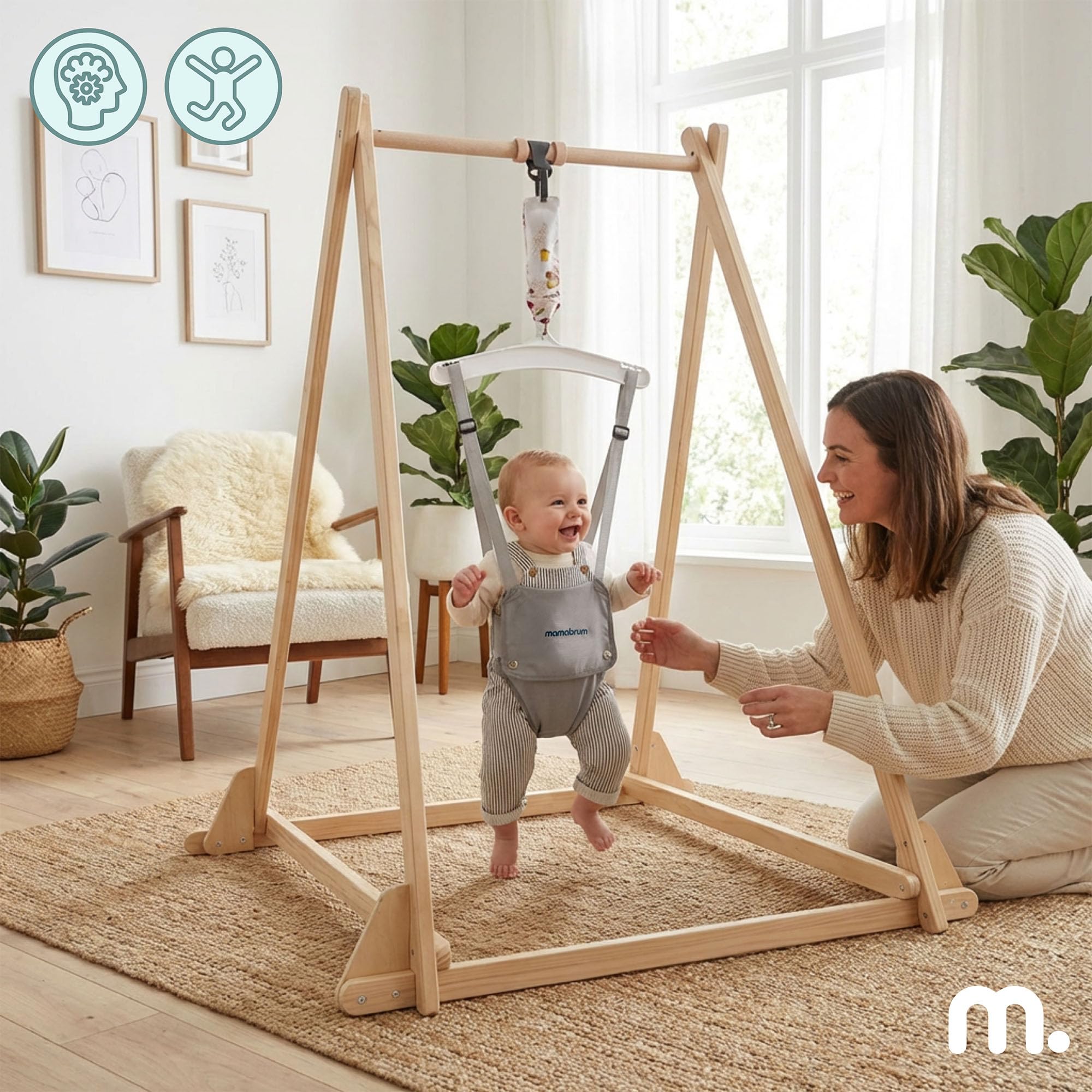 Mamabrum Sauteur Bébé en Bois avec Siège Réglable et Structure Pliable, Cadre en Bois, Double Fermeture de Sécurité, Gris, pour Enfants de 6 à 30 Mois