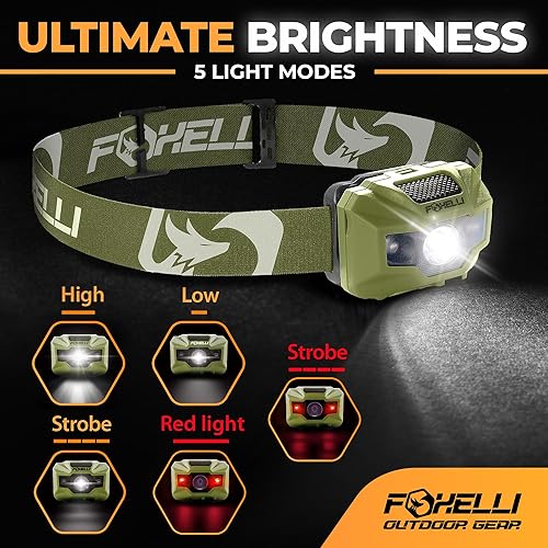 Miniatura 2 de Foxelli Linterna frontal LED recargable USBC  Ultraligero 2.4 oz y brillante 180 lúmenes  Luz rojablanca, 5 modos, IPX5 impermeable, 40 horas de