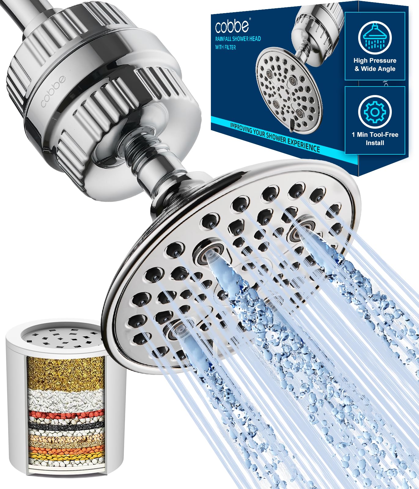 Cobbe 6-Setting High Pressure Filtered Shower Head Combo, Detachable Rain Shower Head with 20 Stage Shower Head Filter for Hard Water - Remove Chlorine and Harmful Substances, Chrome
