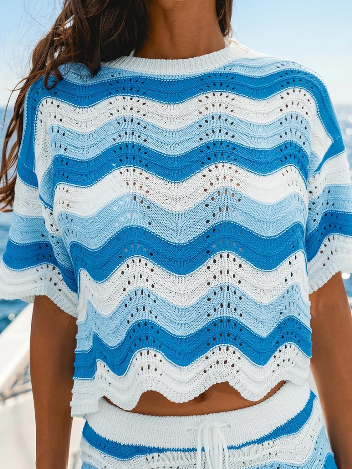 CUPSHE Women's Crochet Cover Up Top Striped Short Sleeve Beach Cover Up Top Summer Casual Tops for Swimwear