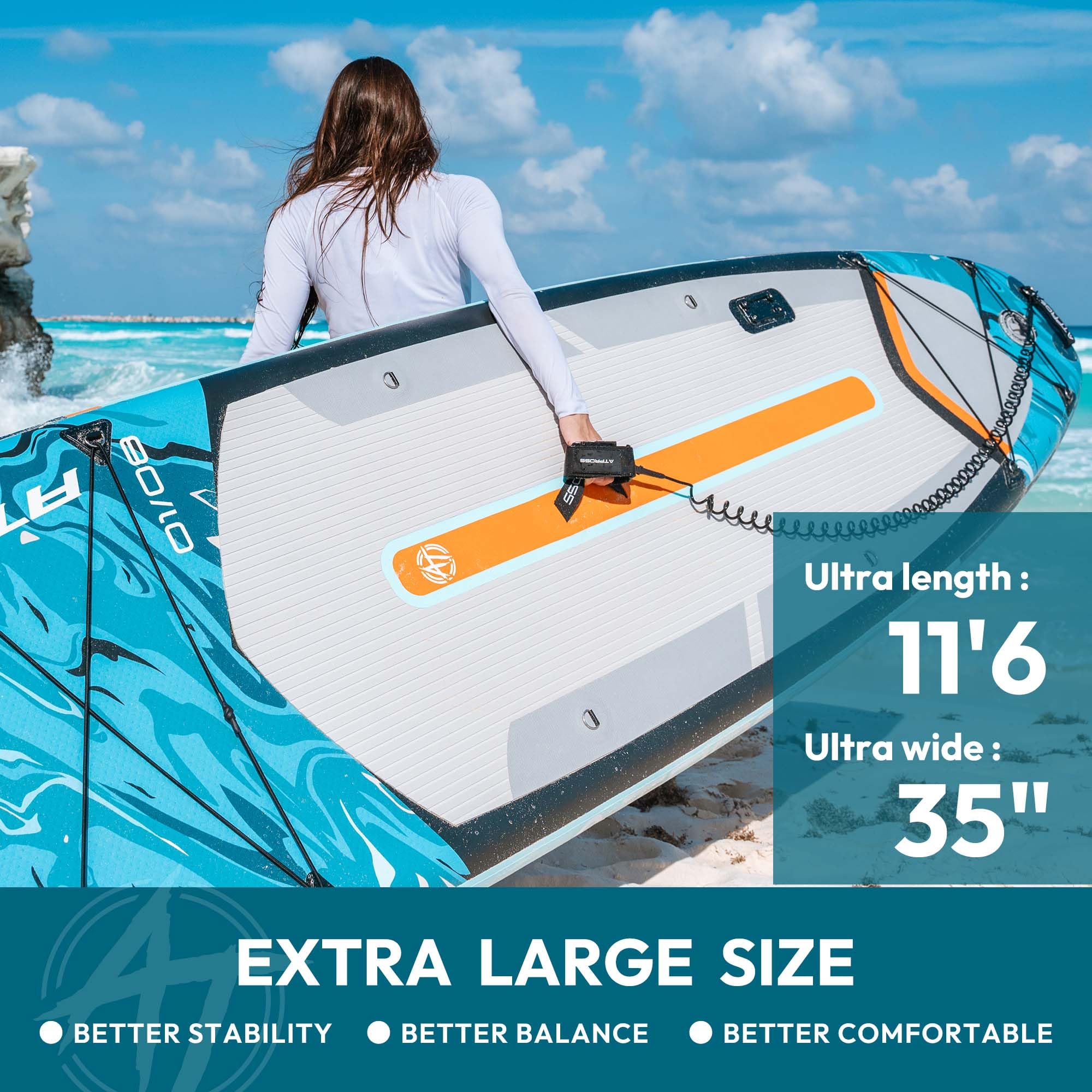 11'6"x35"Inflatable Paddle Board, (SUP) für Erwachsene mit 450 lbs Tragfähigkeit extra breiter Rutschfester und Stabiler Plattform,Kajak Sitz Premium Accessoires Rucksack,geeignet für Yoga
