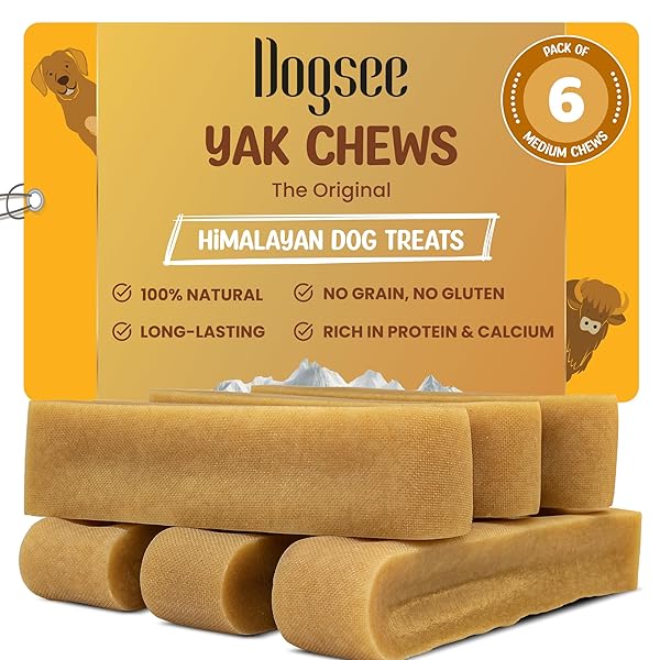 Dogsee Original Yak Cheese Himalayan Dog Chews 1lb (Medium - 6 Bars) | 100% All Natural | Dog Treats Medium Breed | Dog Chews Long Lasting for Aggressive Chewers | High Protein | Dental Sticks