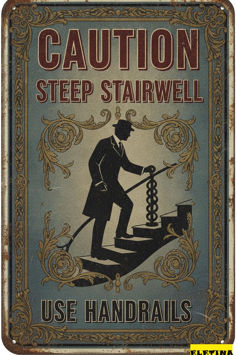 Steep Stairwell Use Handrails Tin Sign, 8x12 Inch Decor