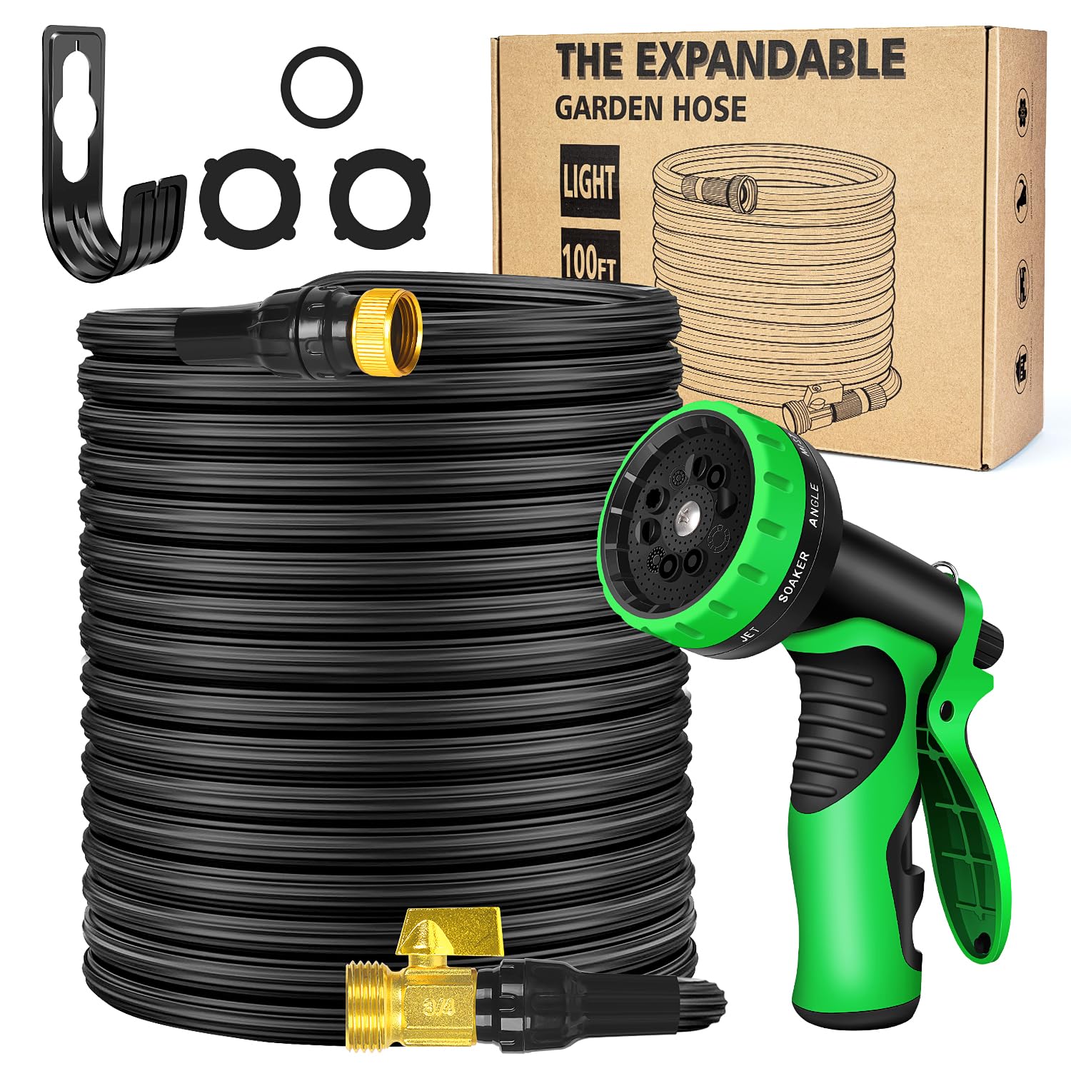 Garden Hose 100 ft with 9 Function, 2.5X Expandable Flexible Garden Hose, 4-Layer Latex Core Flexible Leakproof with Solid 3/4" Brass Fittings, No Kink Tangle-Free Extra Strength 3750D