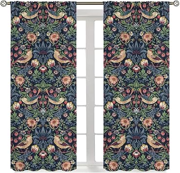 William Morris Botanical Art Windows Curtains Blue Strawberry Floral Patterns Vintage Flower Patterns Curtains, for Living Room Bedroom 52x84in 2 Panels Blackout