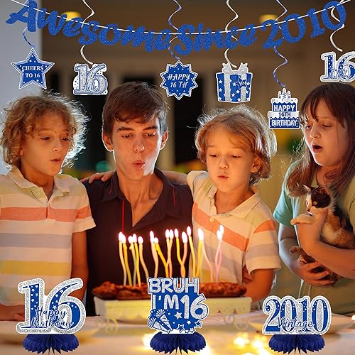 Miniatura 5 de Crenics Decoraciones azules de cumpleaños número 16 para niños, pancarta impresionante desde 2010, pancarta de Bruh I'm 16, centros de mesa de panal