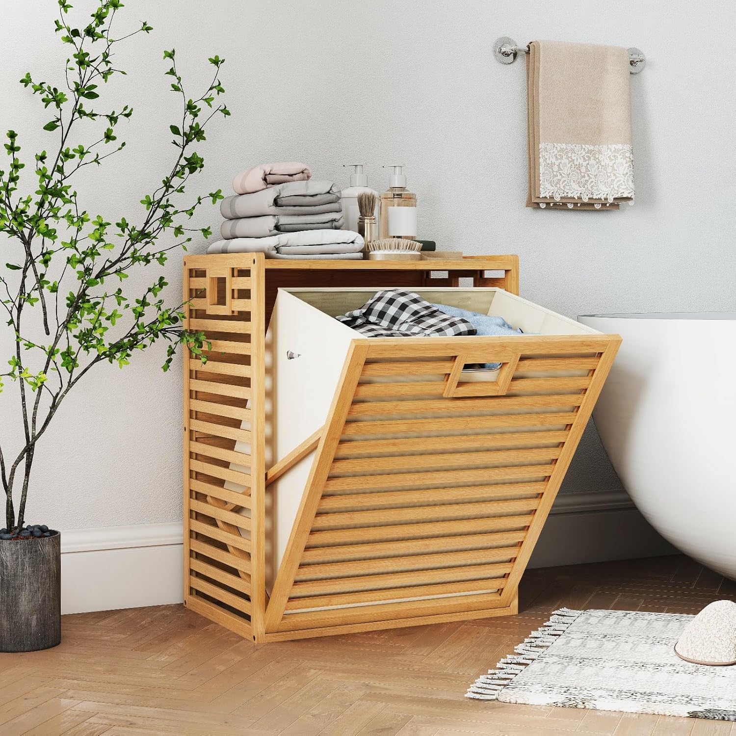 GOFLAME Tilt Out Laundry Hamper, Bamboo Laundry Basket Organizer with Removable & Foldable Fabric Liner, Side Handles, Laundry Storage Cabinet for Laundry Room, Bathroom, Bedroom