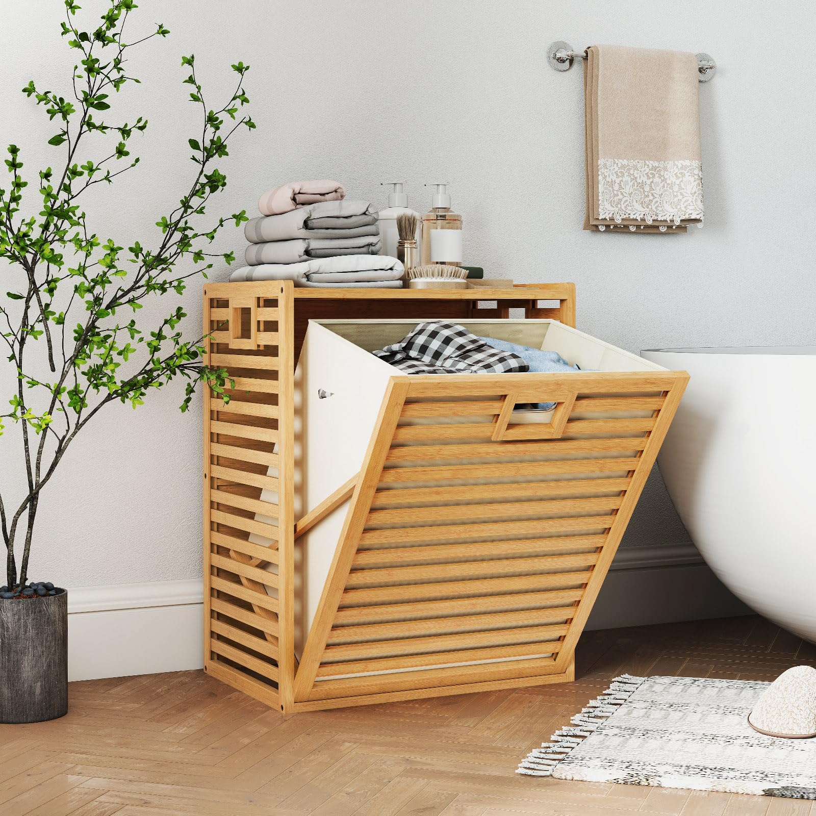 GIANTEX Armario de Lavandería de Bambú, Cesto para Colada de Tela Extraíble, 50 x 35 x 64 cm, Armario para Ropa Sucia con Asa, Mueble Organizador para Baño, Lavandería