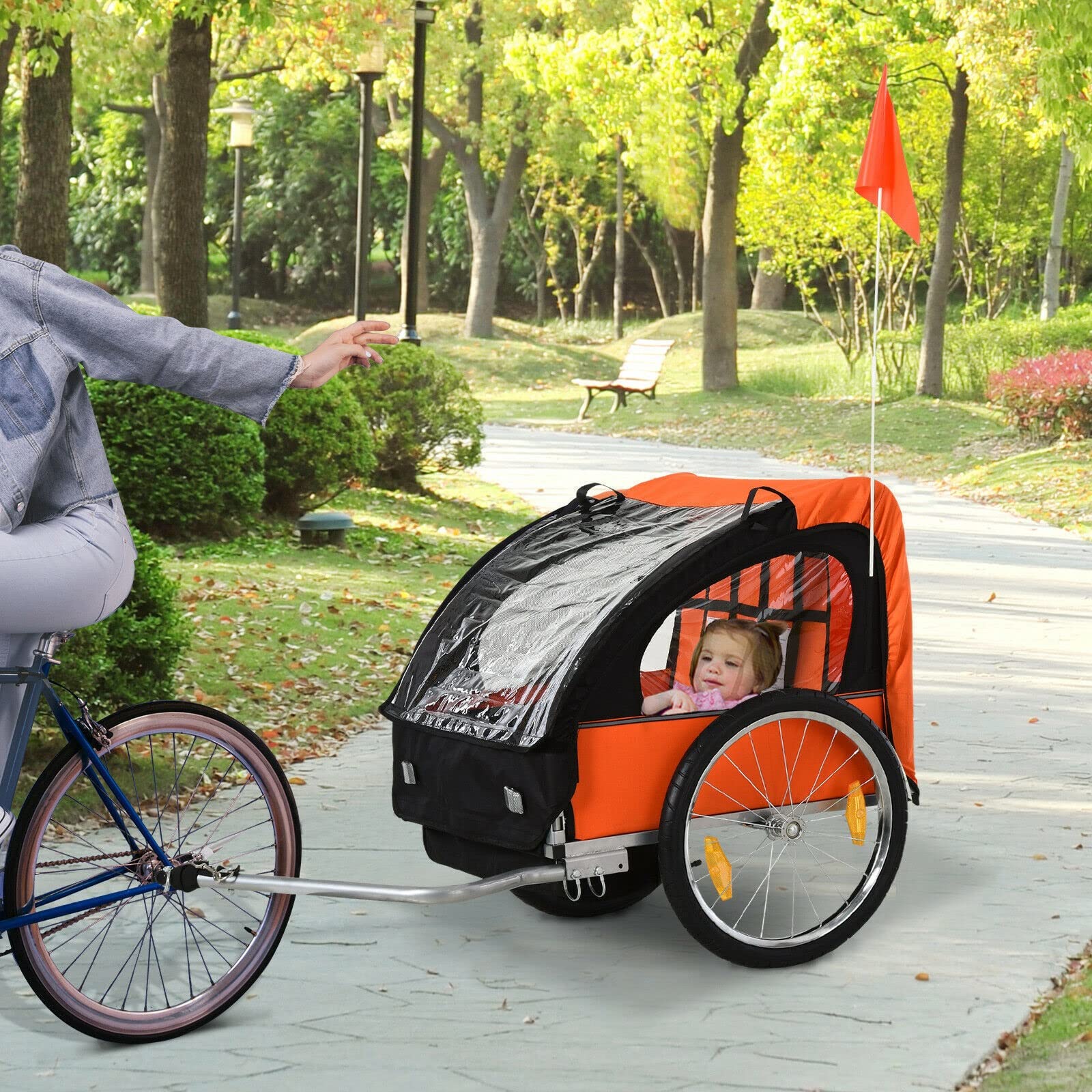 Przyczepka rowerowa dla dziecka 18m+ z 2 miejscami i pasem bezpieczeństwa ze stalową ramą, pomarańczowa