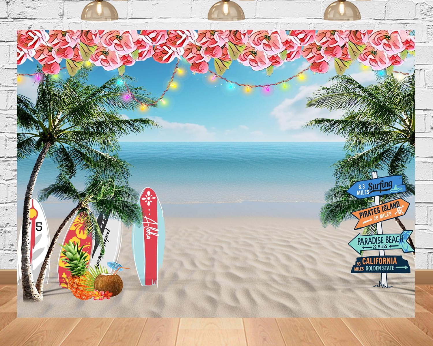 PEKRU 7x5ft Fabric Summer Beach Ocean Backdrops Hawaiian Tropical Theme Decoration Background Aloha Luau Party Photography Banner